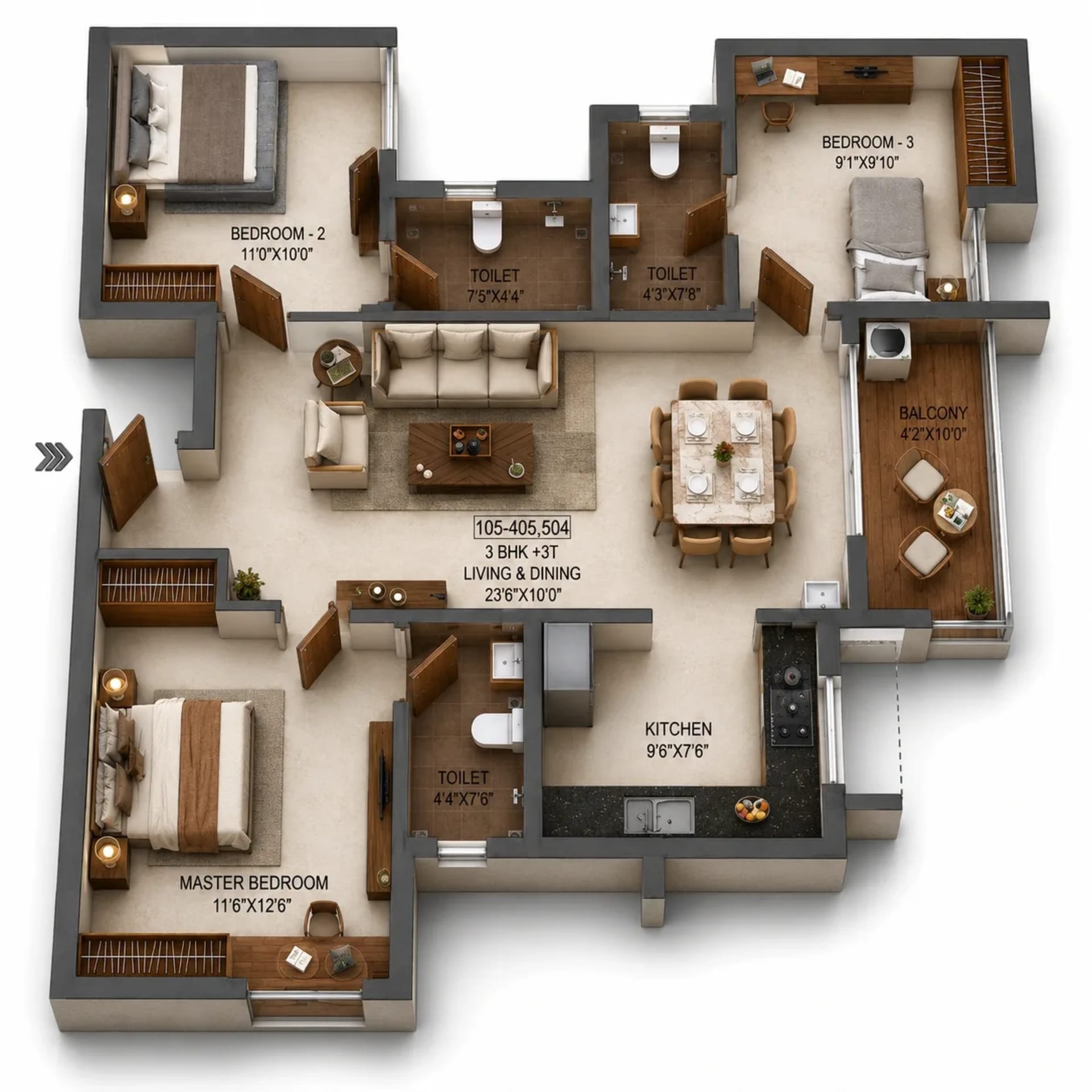 3 BHK Apartment Floor Plan – RLD Aura