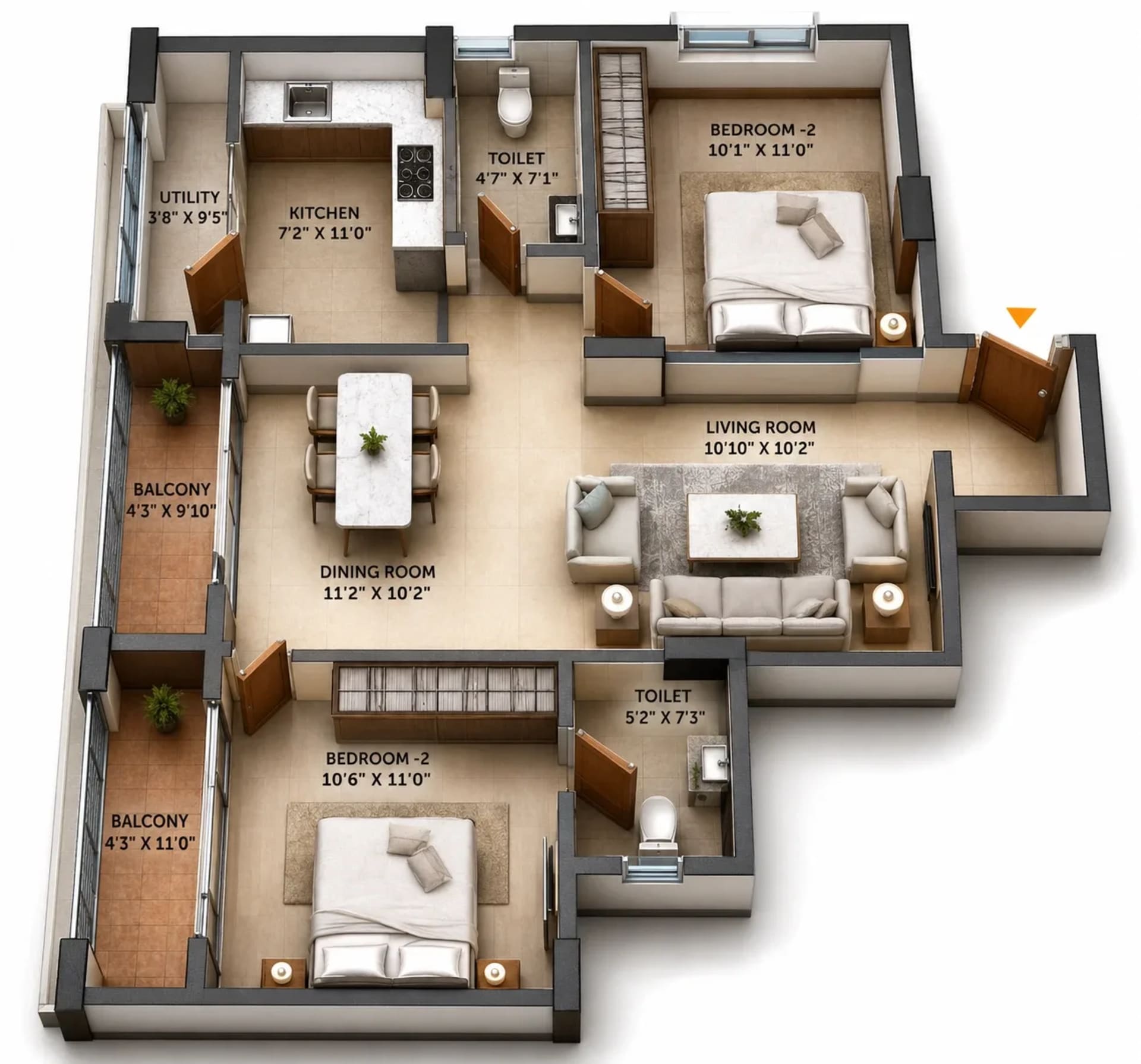 2 BHK Apartment Floor Plan – RLD Evita