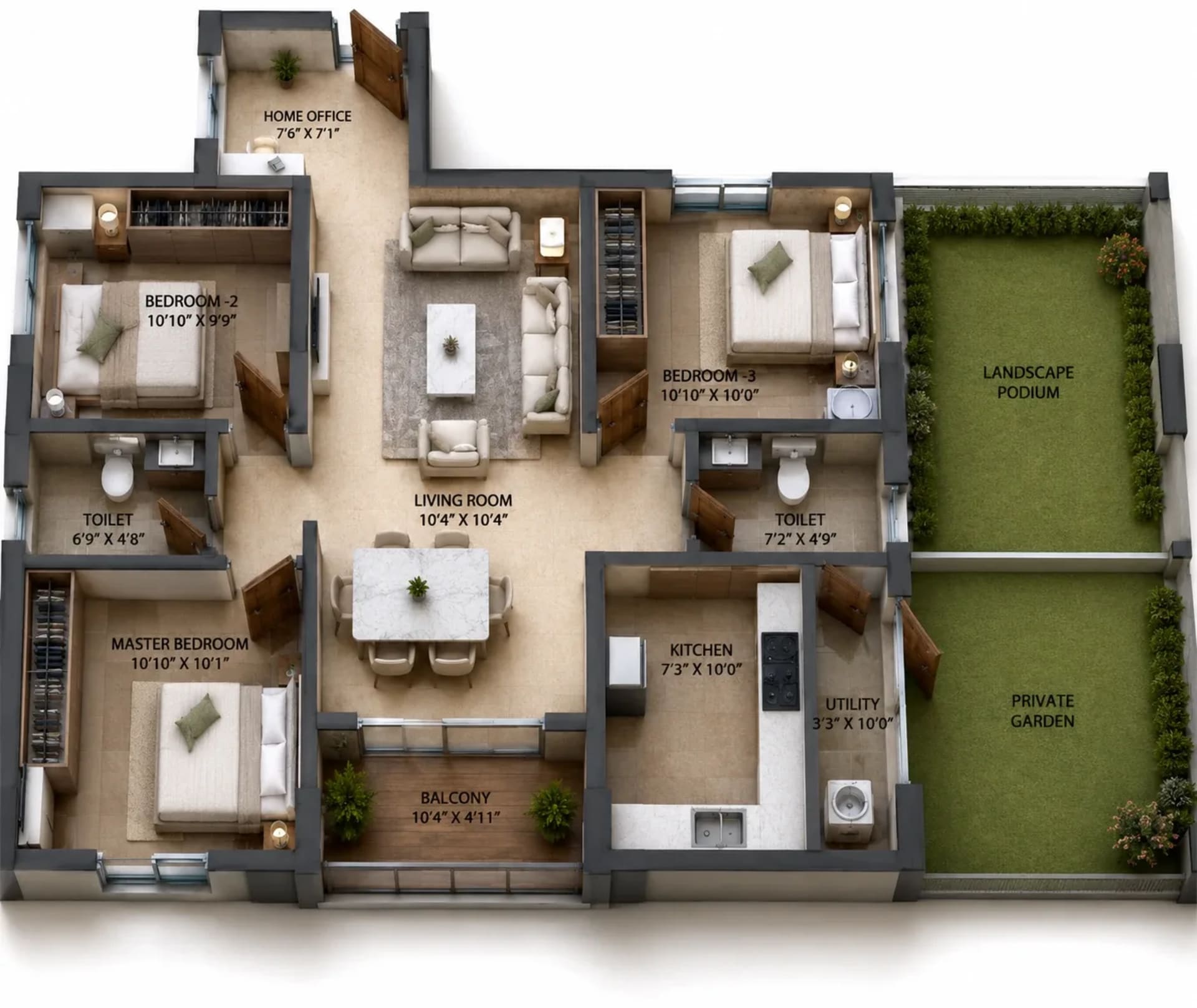 3 BHK Apartment Floor Plan – RLD Evita