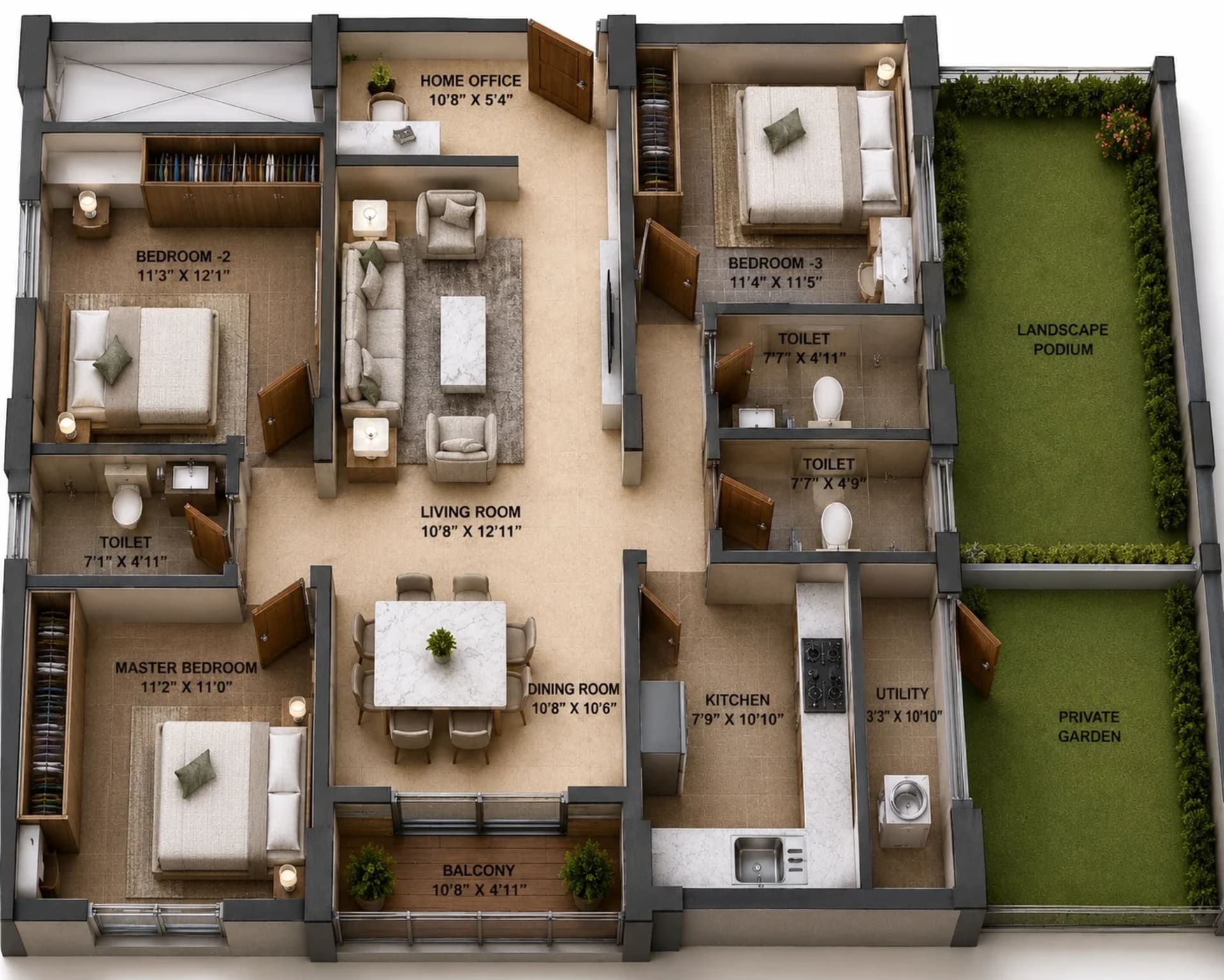 3 BHK Apartment Floor Plan – RLD Evita