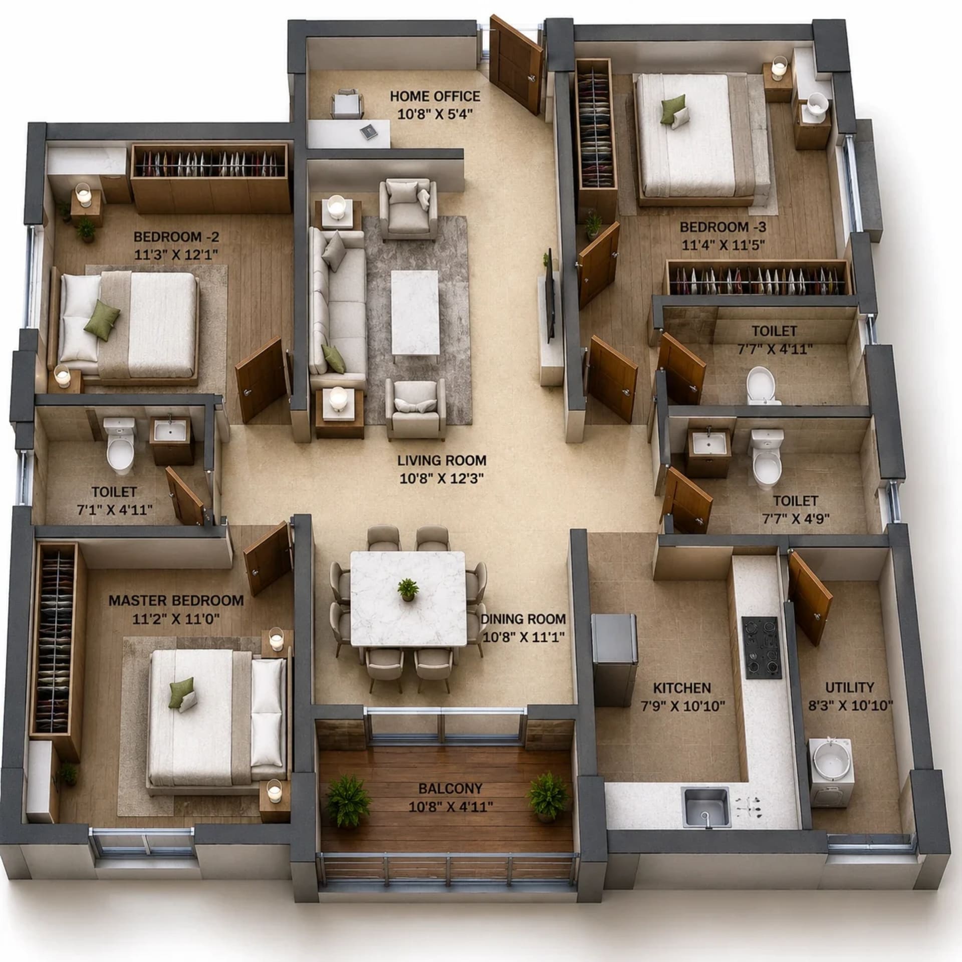 3 BHK Apartment Floor Plan – RLD Evita