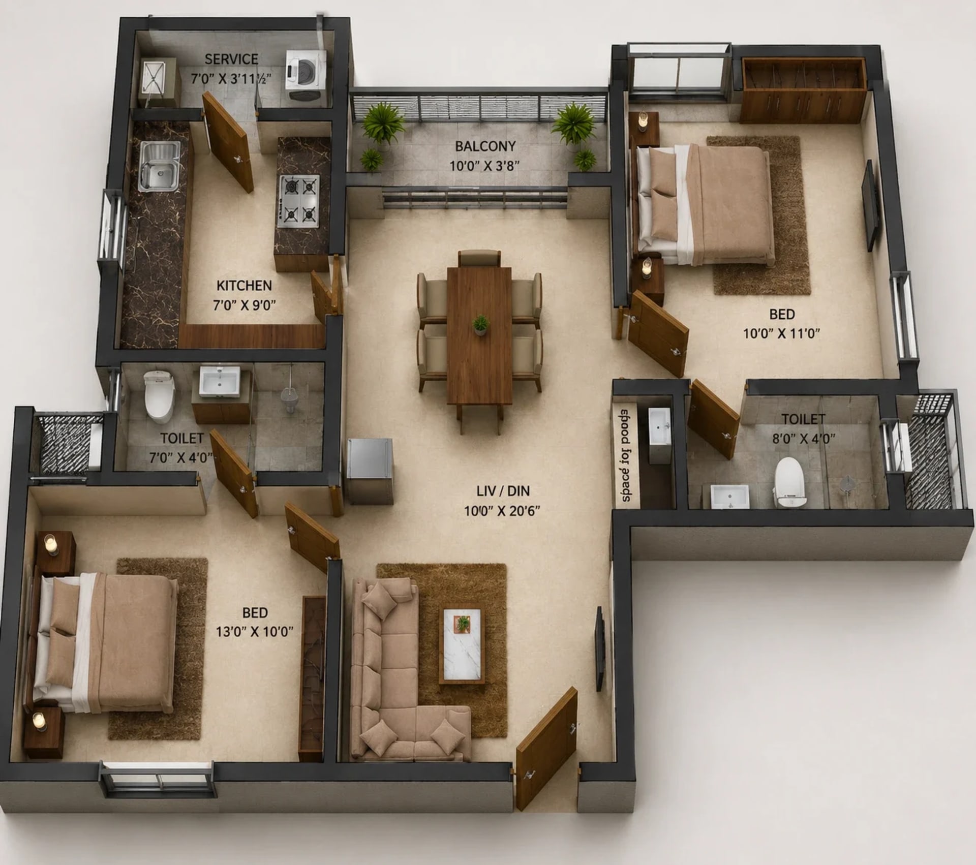 2 BHK Apartment Floor Plan – S&P Courtyard