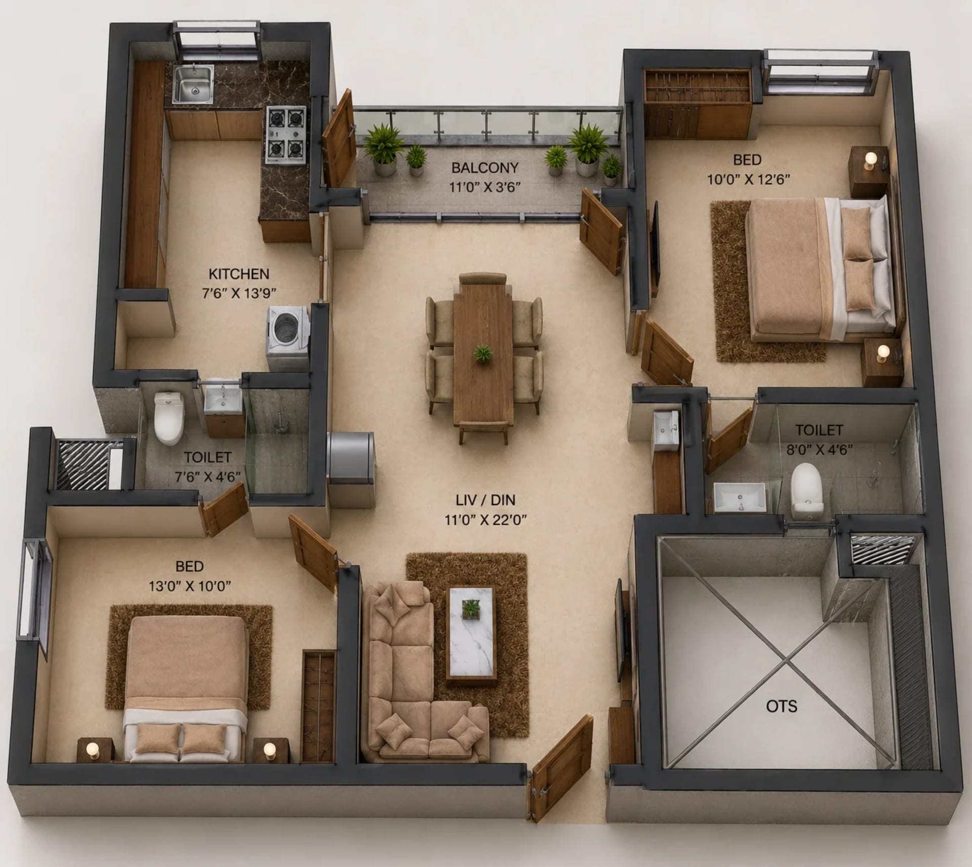 2 BHK Apartment Floor Plan – S&P Courtyard