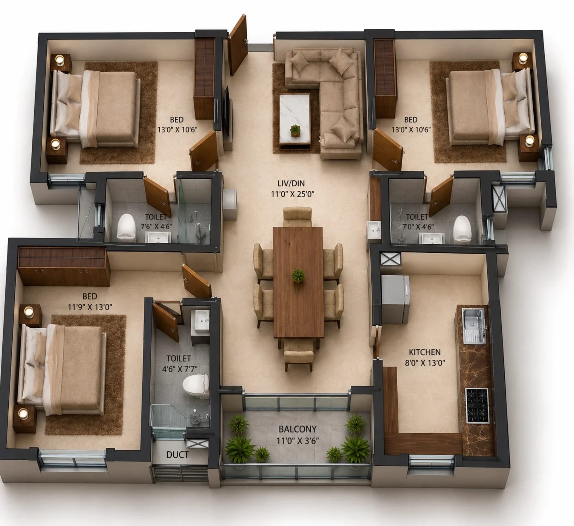 3 BHK Apartment Floor Plan – S&P Courtyard