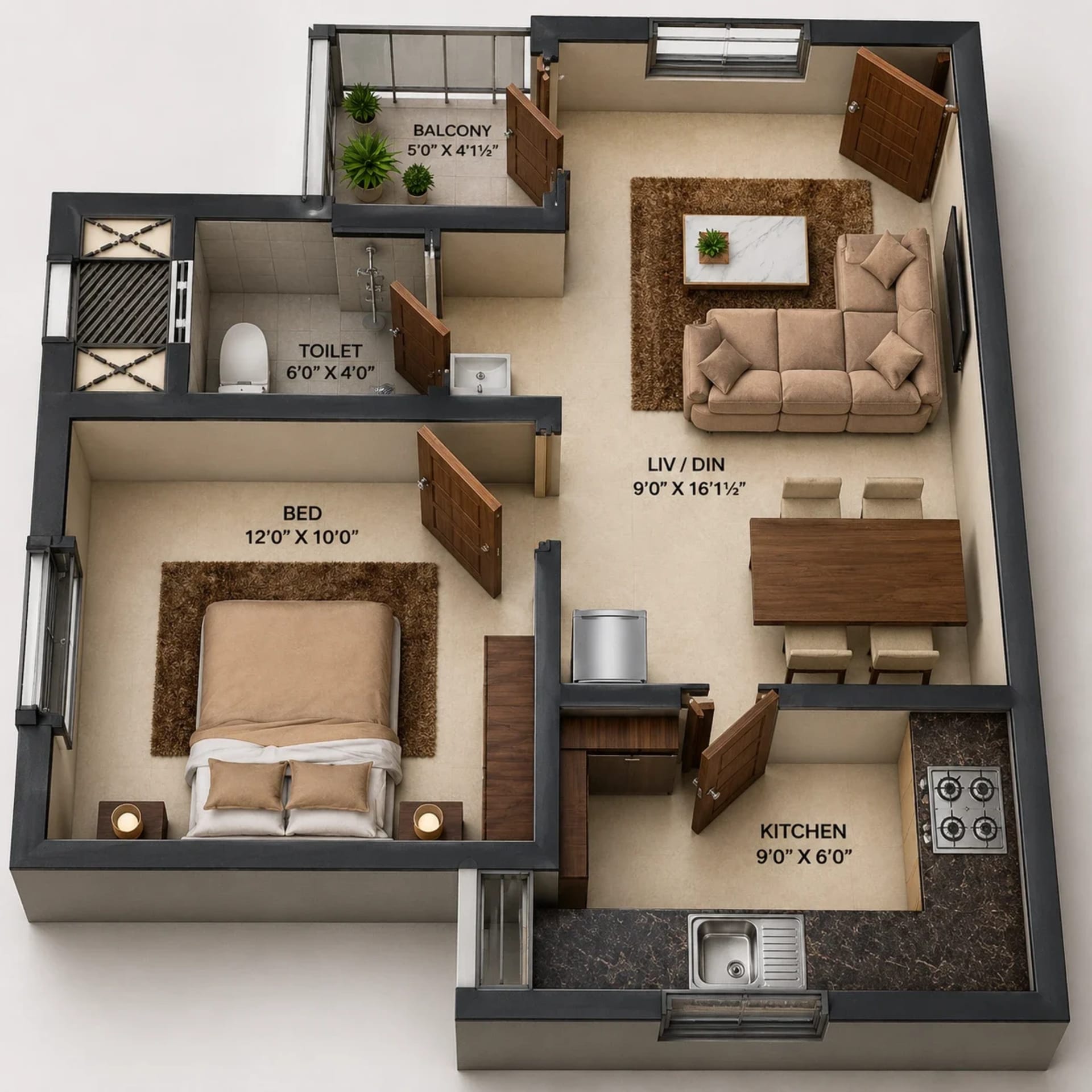 1 BHK Apartment Floor Plan – S&P Courtyard