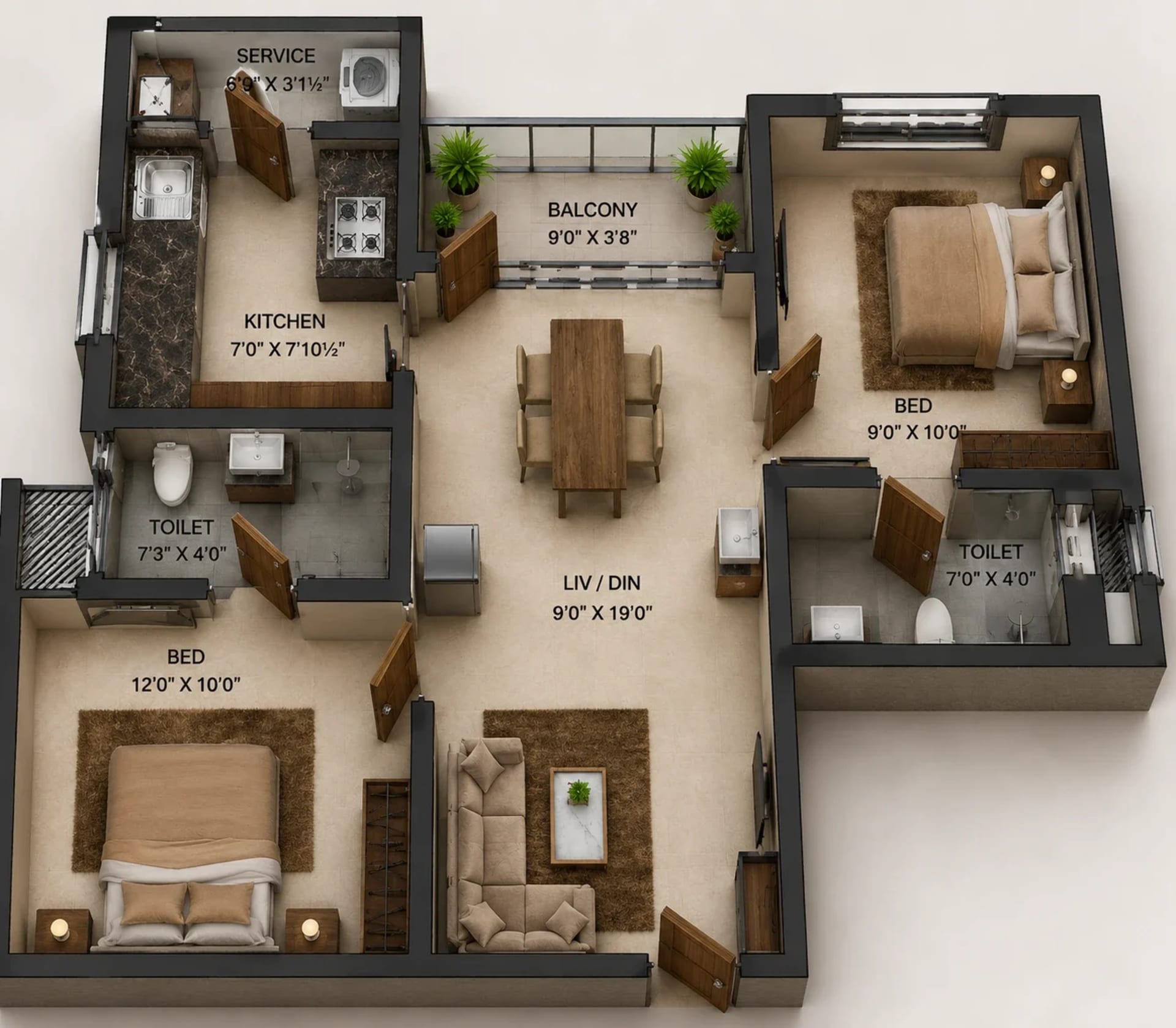 2 BHK Apartment Floor Plan – S&P Courtyard