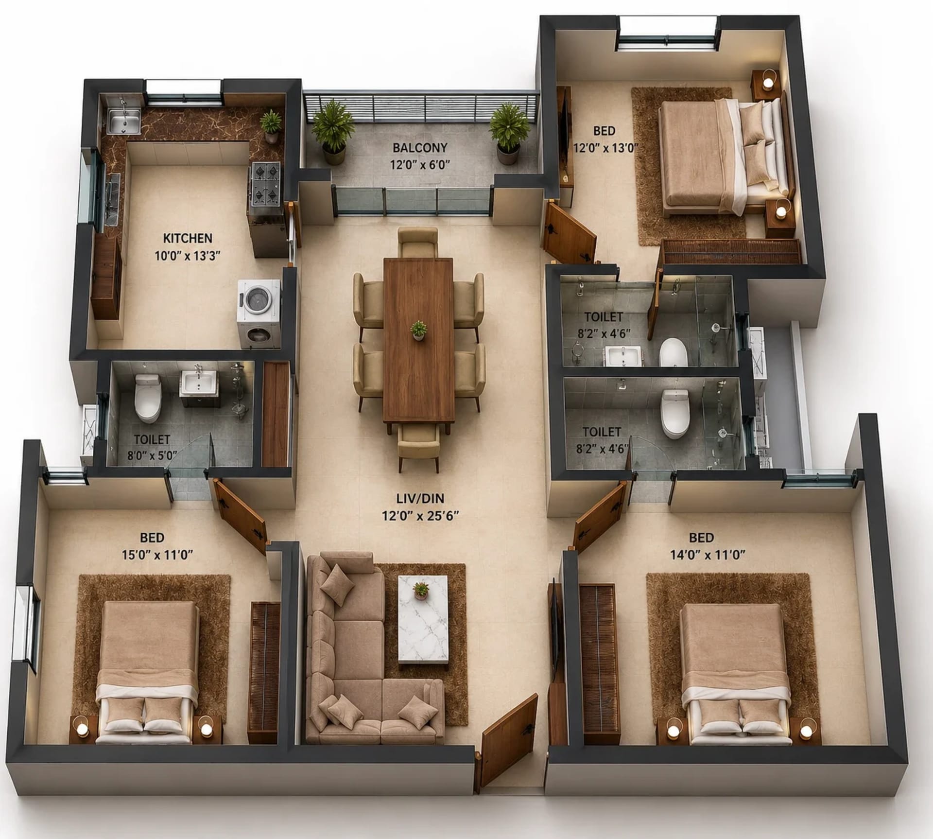 3 BHK Apartment Floor Plan – S&P Courtyard