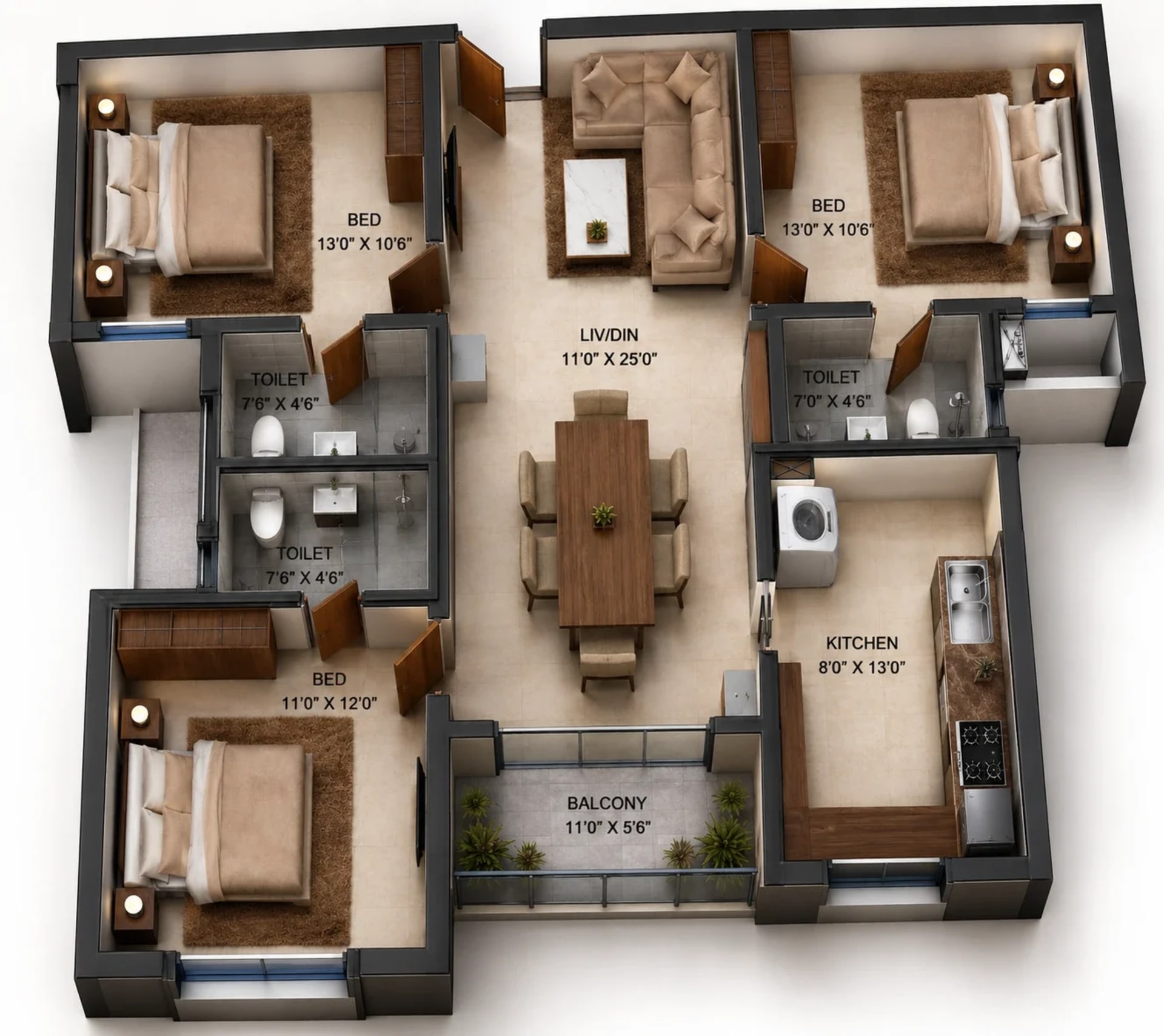 3 BHK Apartment Floor Plan – S&P Courtyard