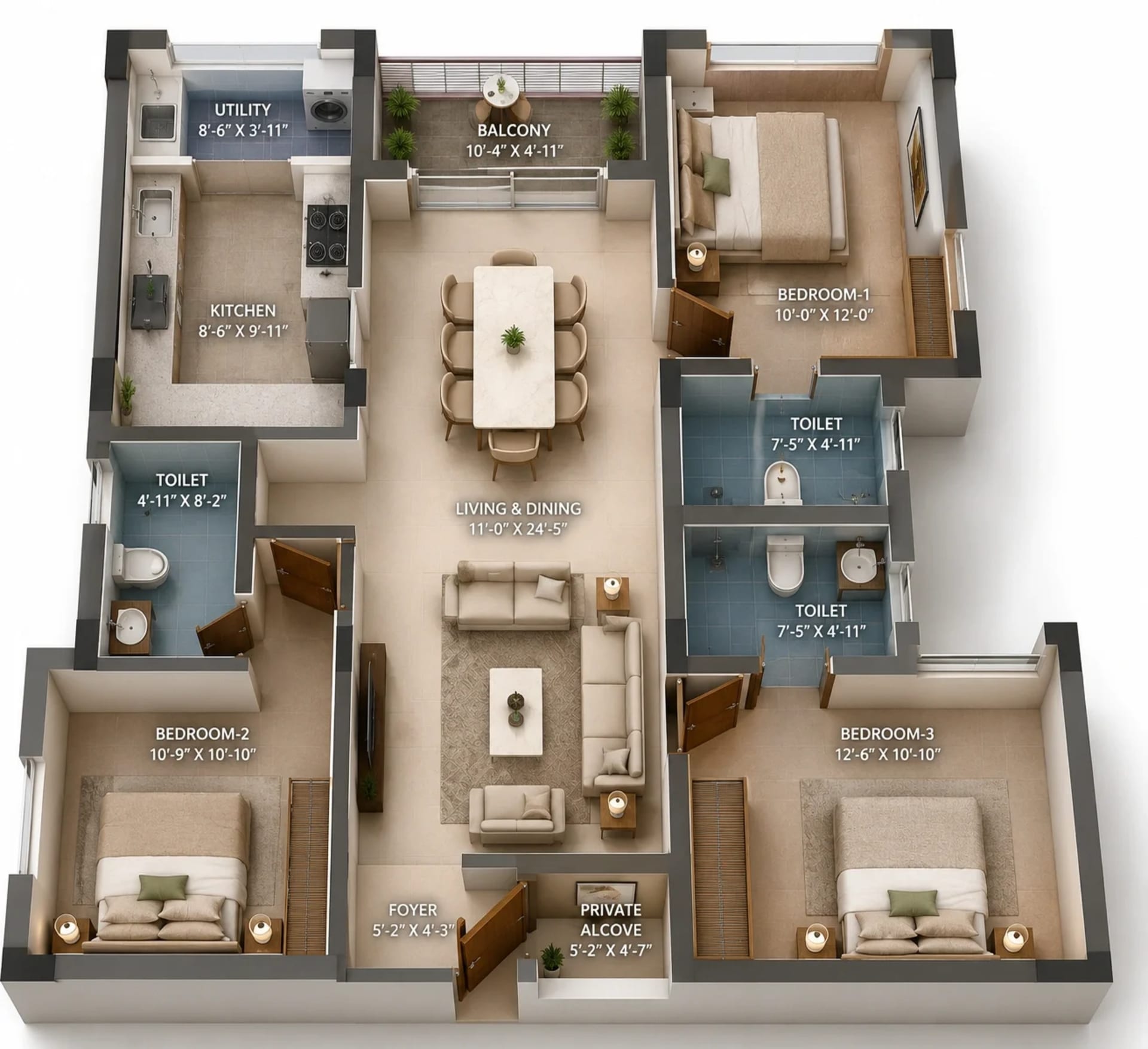 3 BHK Apartment Floor Plan – Tulive Grandezza