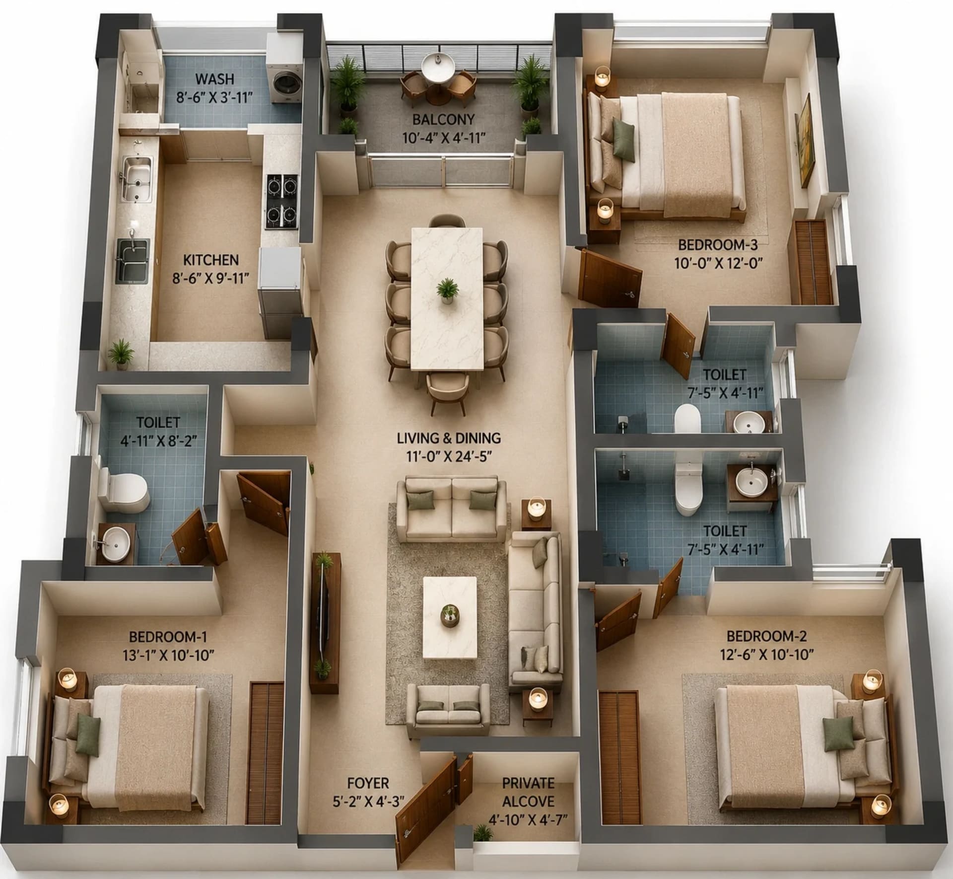 3 BHK Apartment Floor Plan – Tulive Grandezza