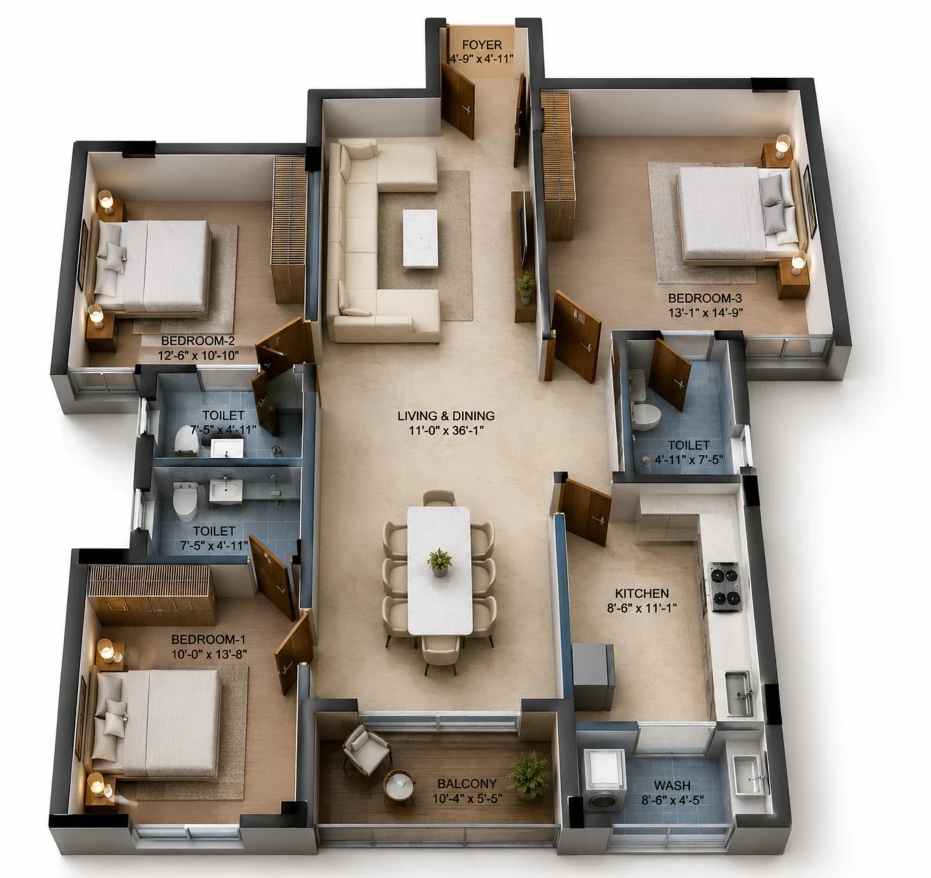 3 BHK Apartment Floor Plan – Tulive Grandezza
