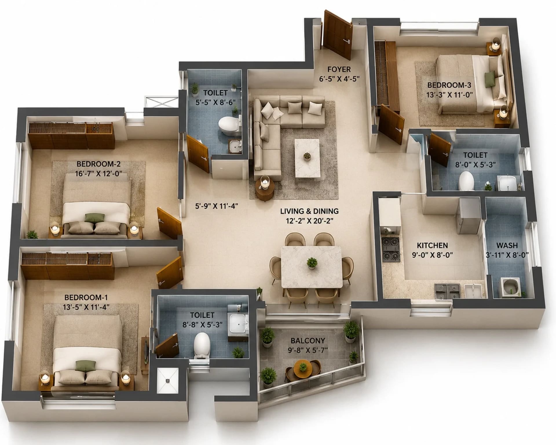 3 BHK Apartment Floor Plan – Tulive Grandezza