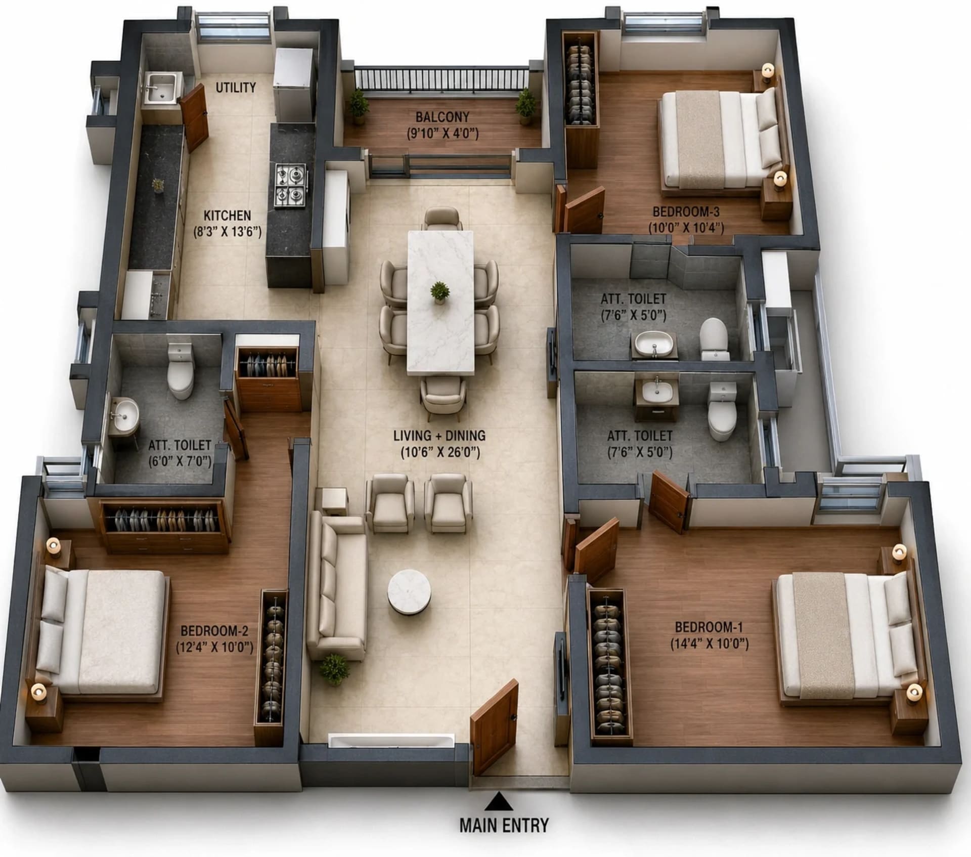 3 BHK Apartment Floor Plan – Tulive Azpire