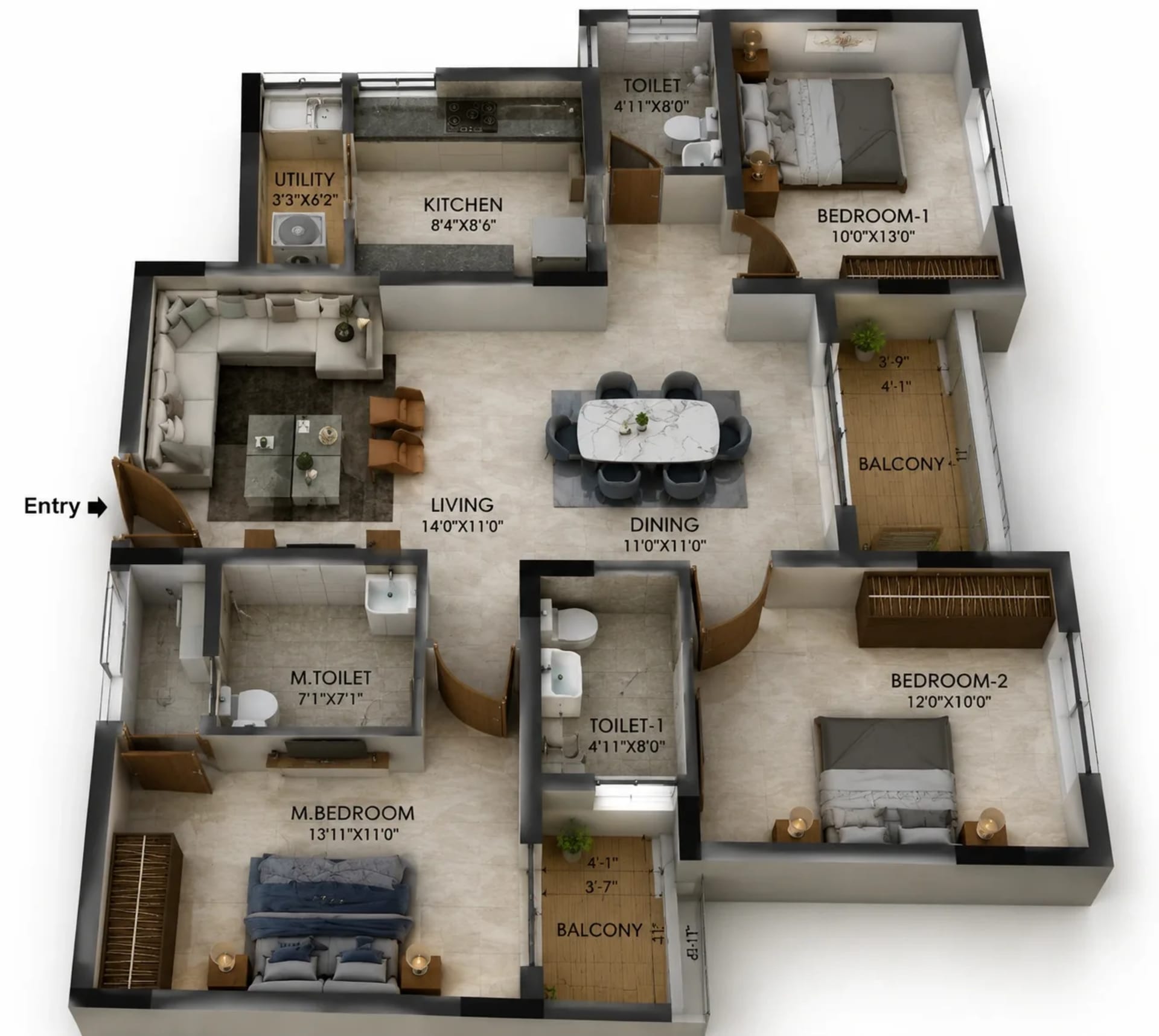 3 BHK Apartment Floor Plan – TVS Emerald Udyana Phase III