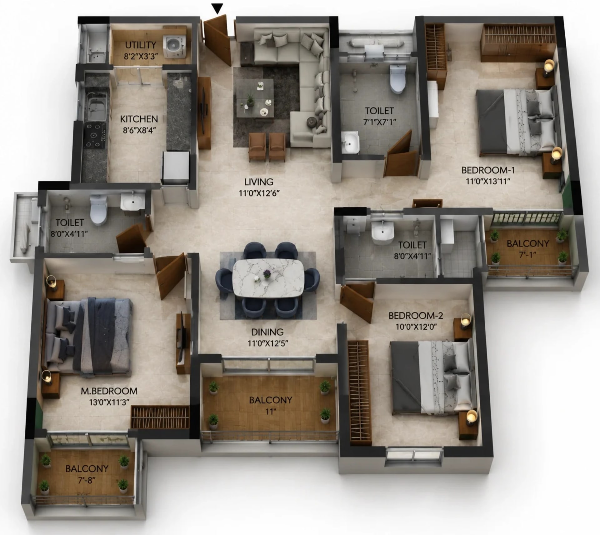 3 BHK Apartment Floor Plan – TVS Emerald Udyana Phase III