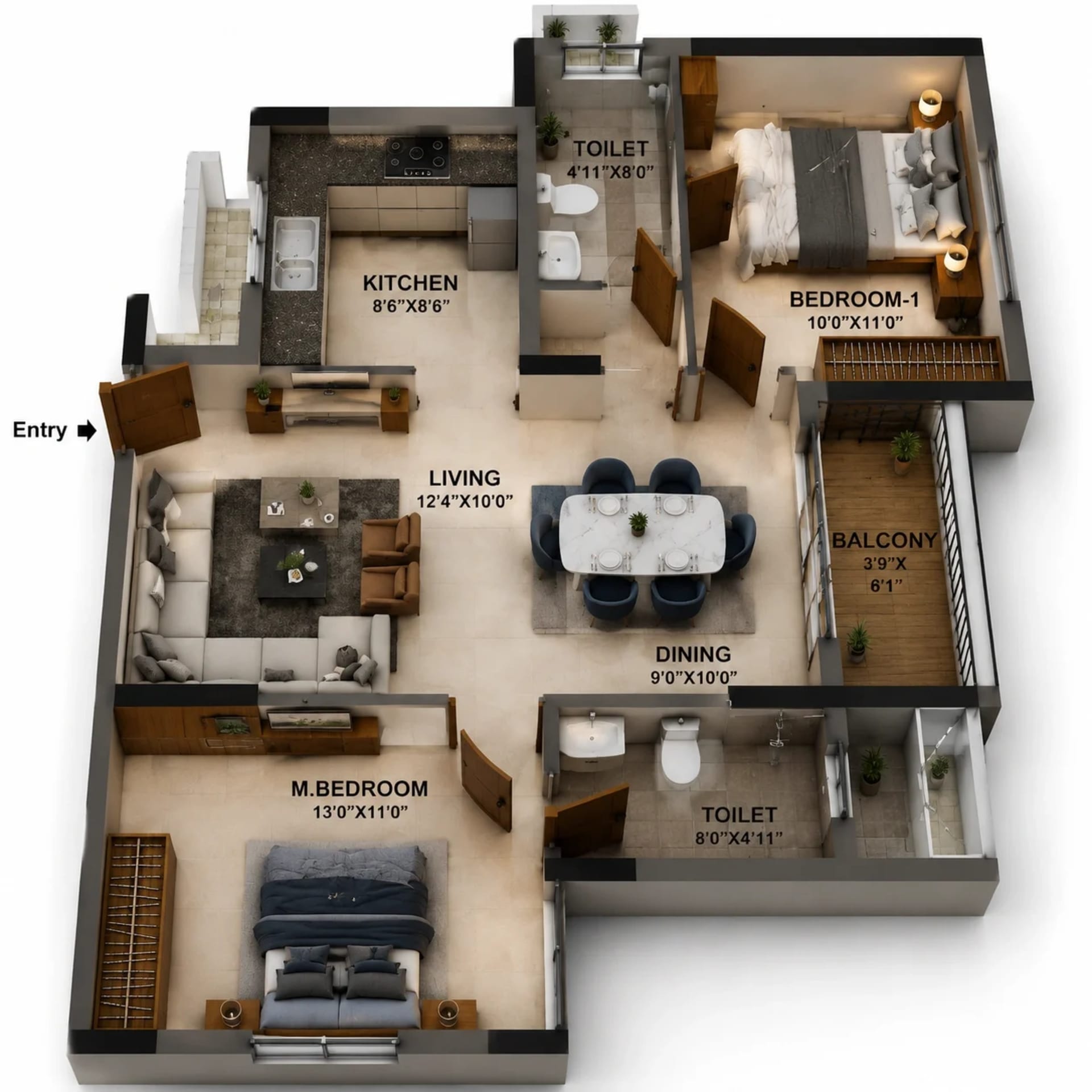 2 BHK Apartment Floor Plan – TVS Emerald Udyana Phase III