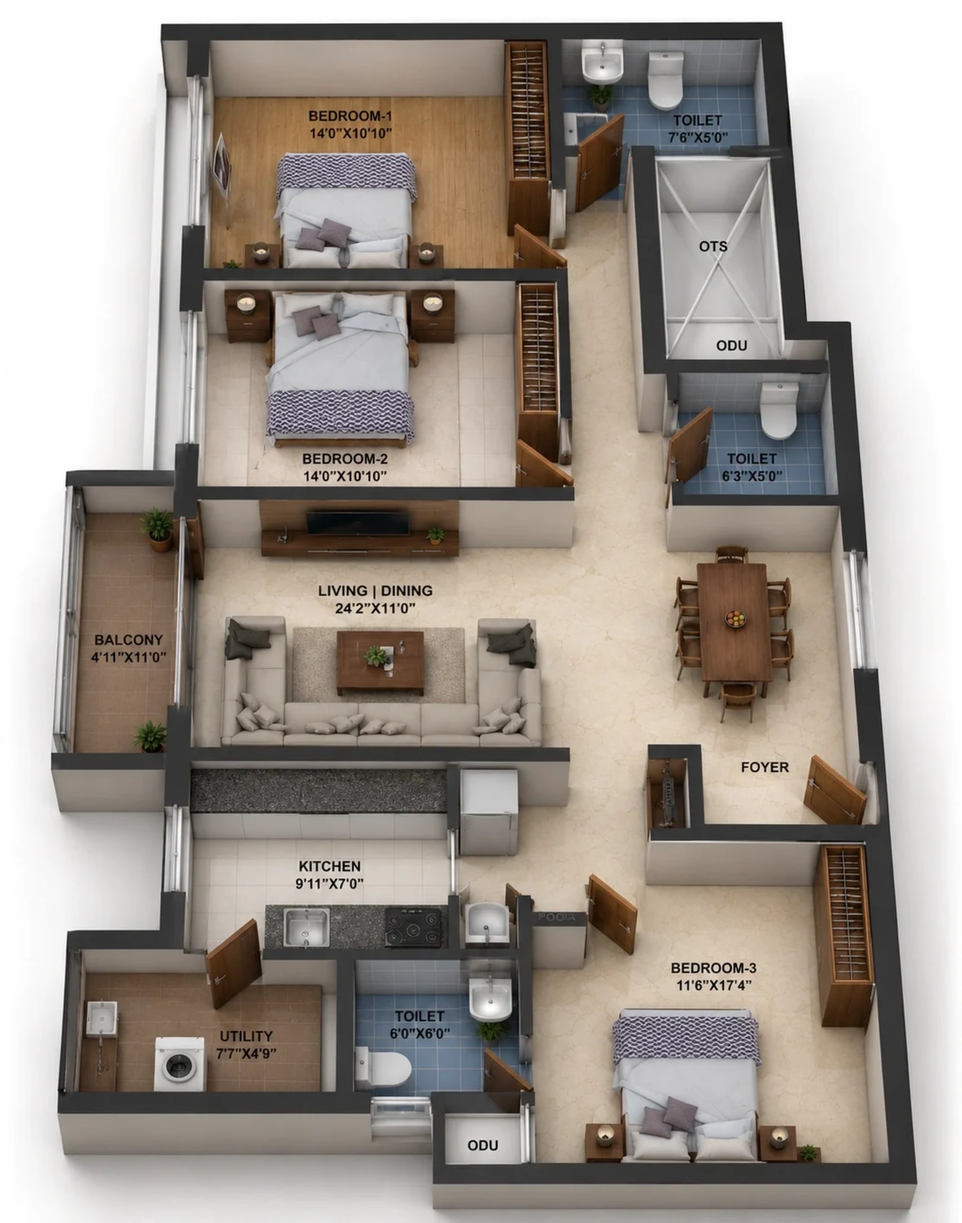 3 BHK Apartment Floor Plan – TVS Emerald Luxor