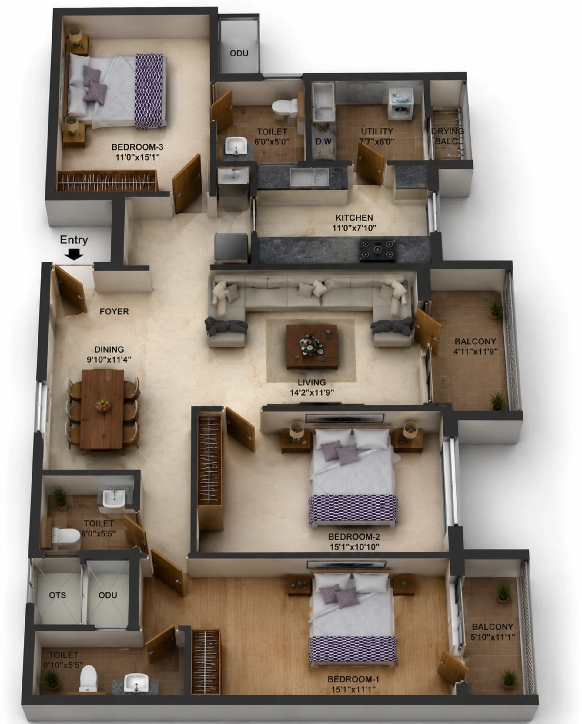 3 BHK Apartment Floor Plan – TVS Emerald Luxor