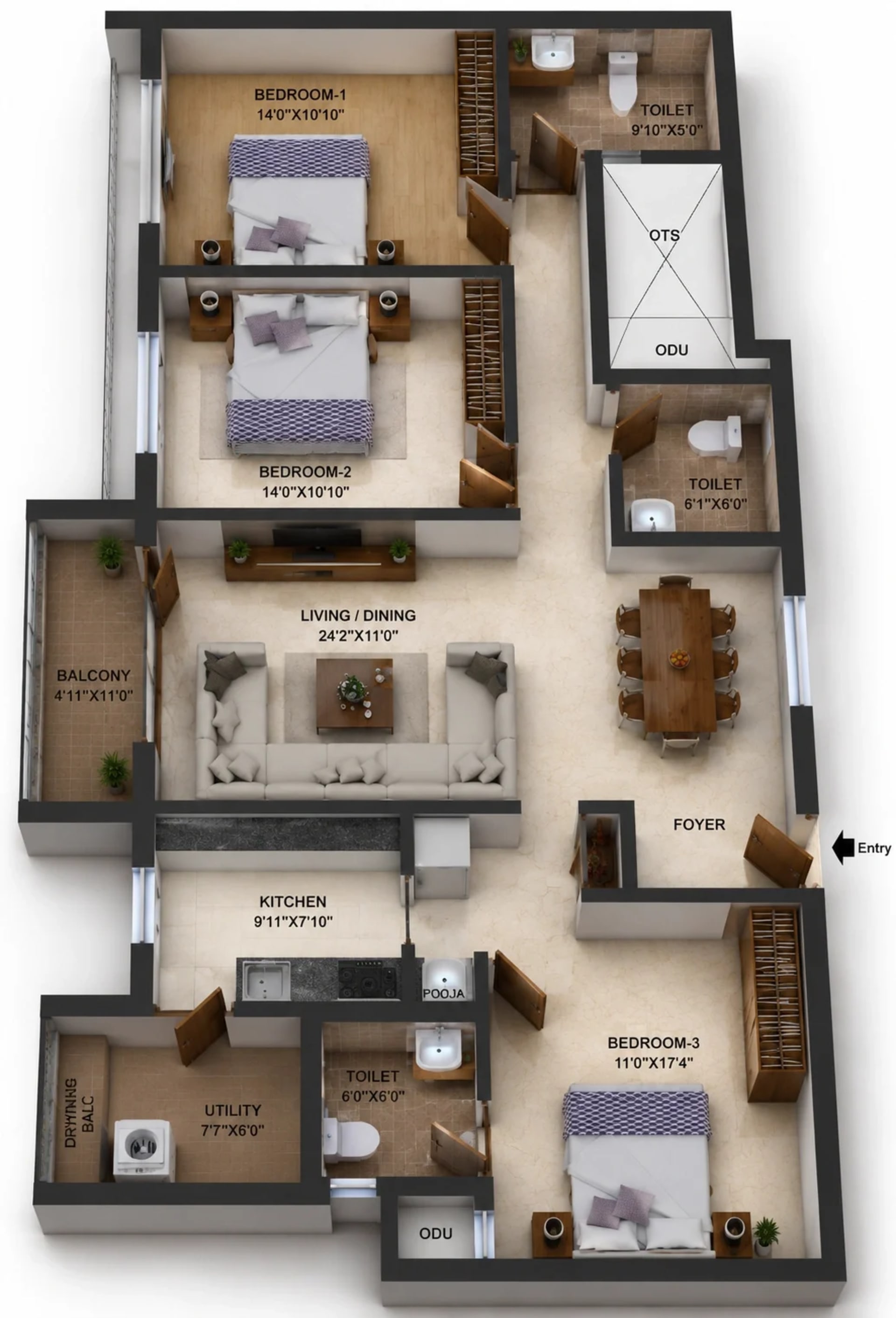 3 BHK Apartment Floor Plan – TVS Emerald Luxor