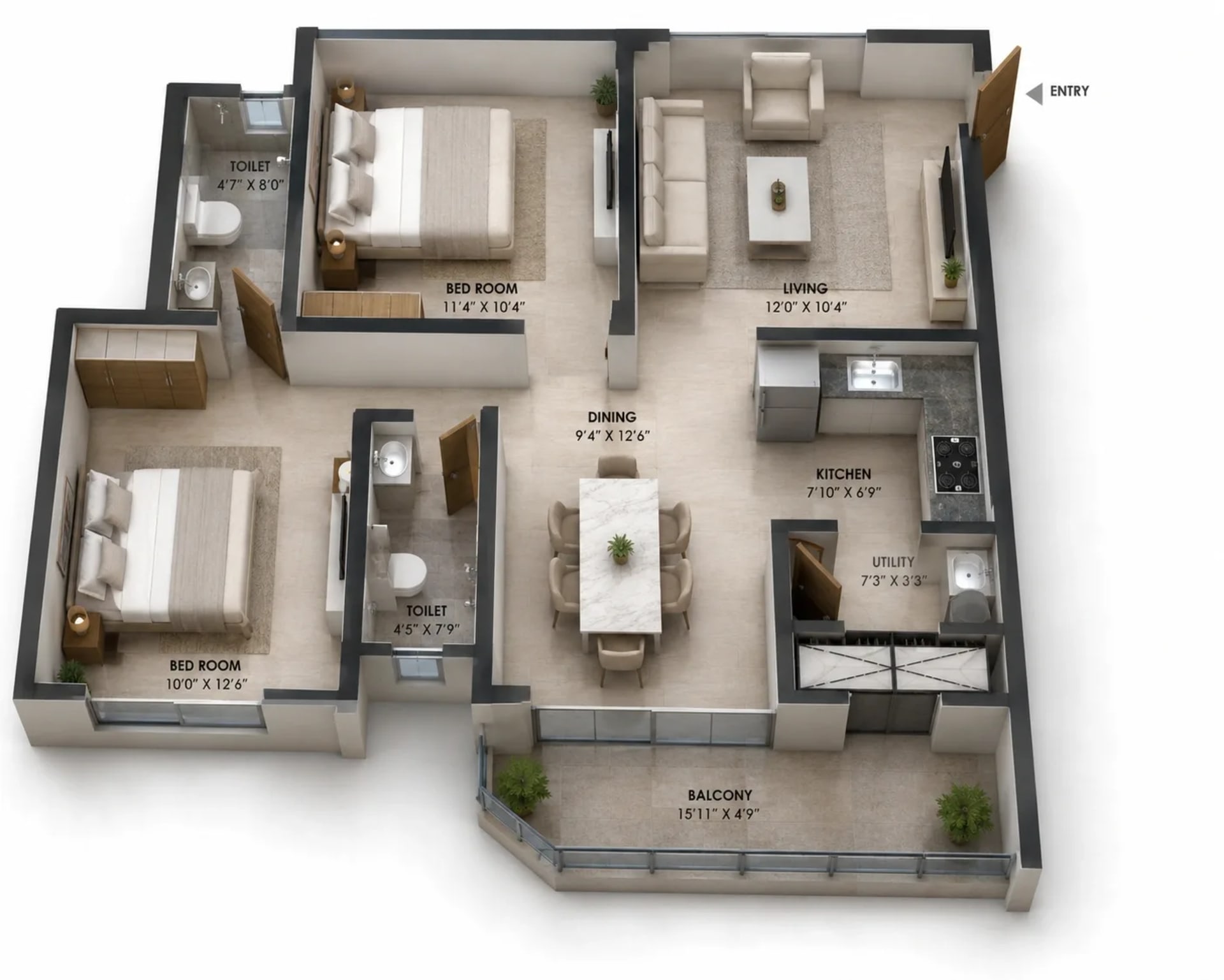 2 BHK Apartment Floor Plan – VRX Terrace
