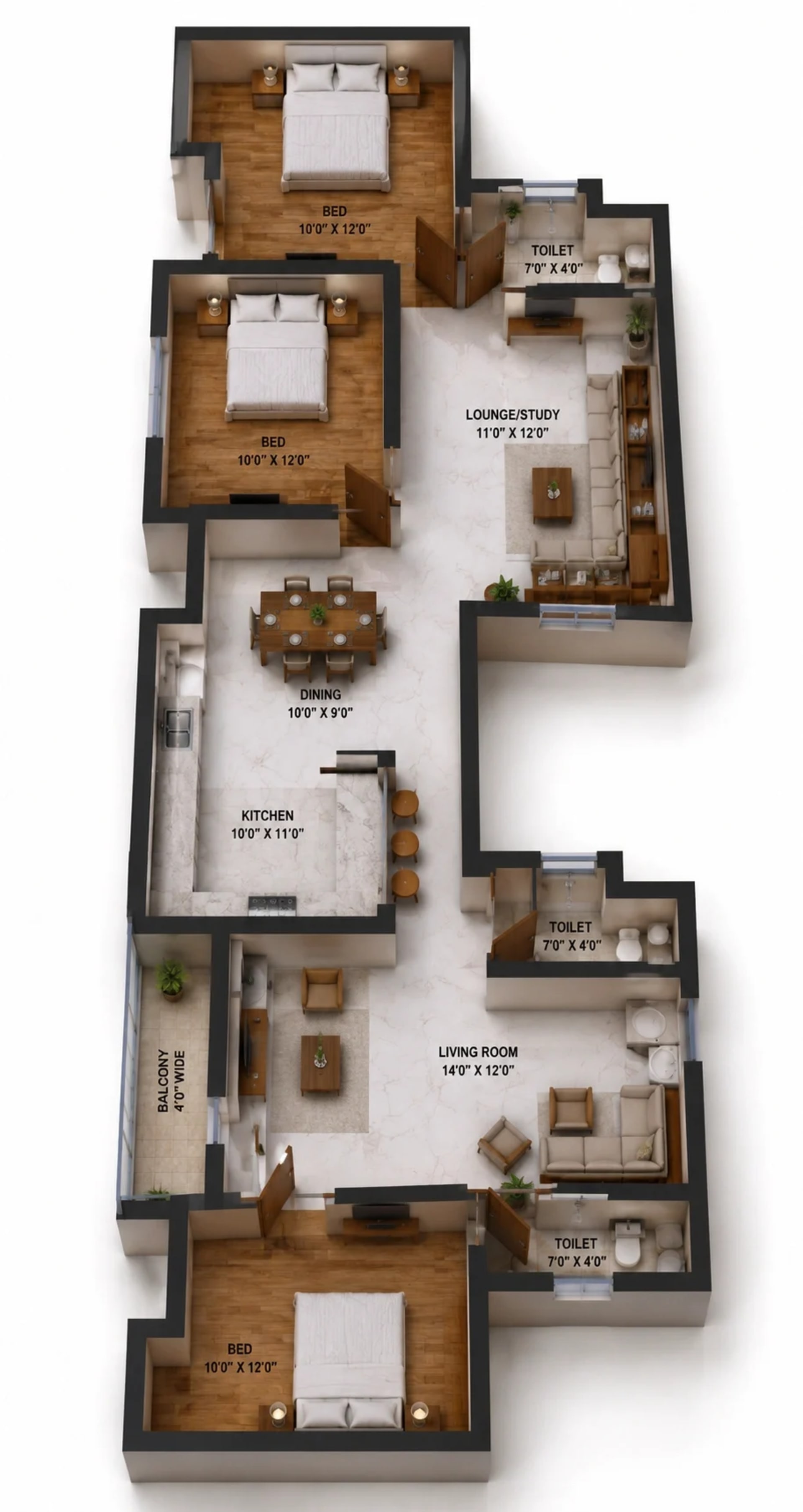 3 BHK Apartment Floor Plan – Navins Cedar