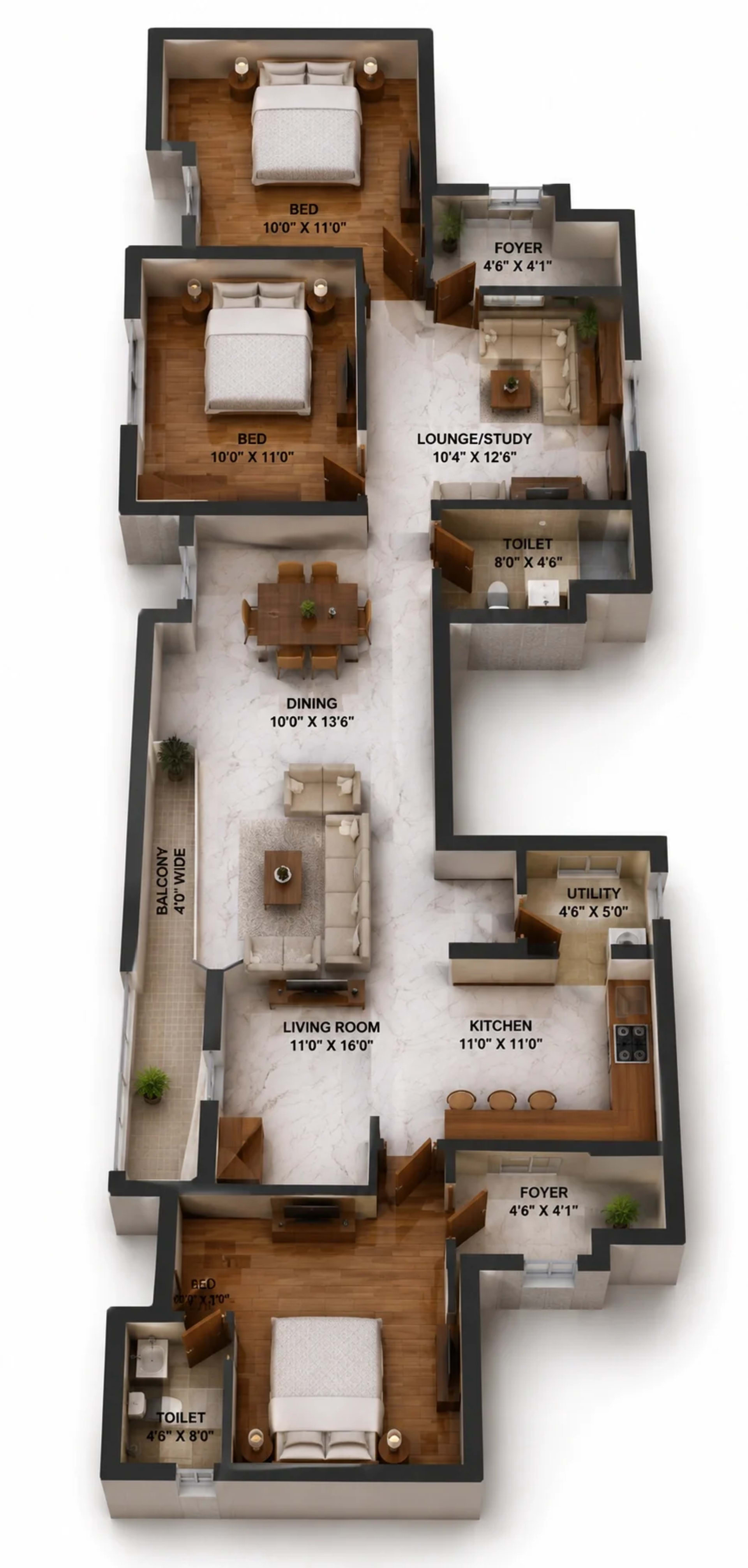 3 BHK Apartment Floor Plan – Navins Cedar