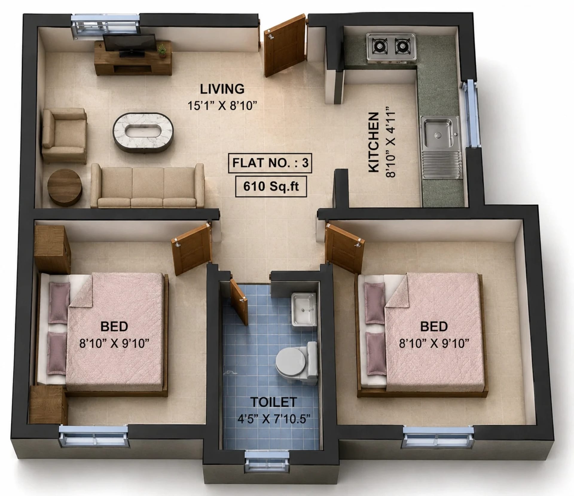 2 BHK Apartment Floor Plan – Navins Hillview Avenue