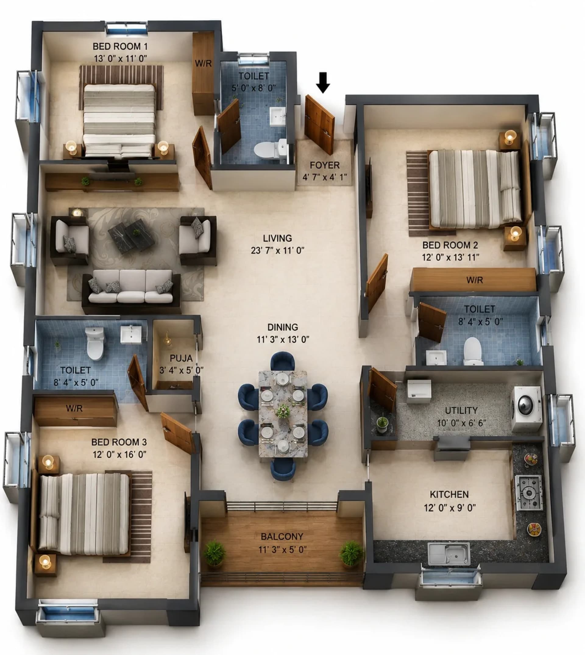3 BHK Apartment Floor Plan – Navins Vyakarana