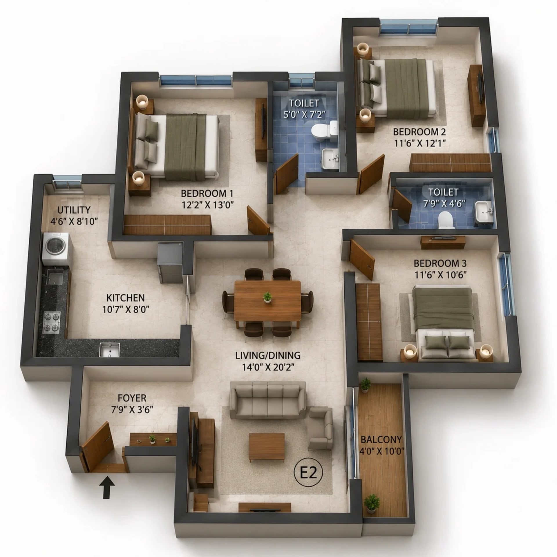 3 BHK Apartment Floor Plan – Navins RP Enclave