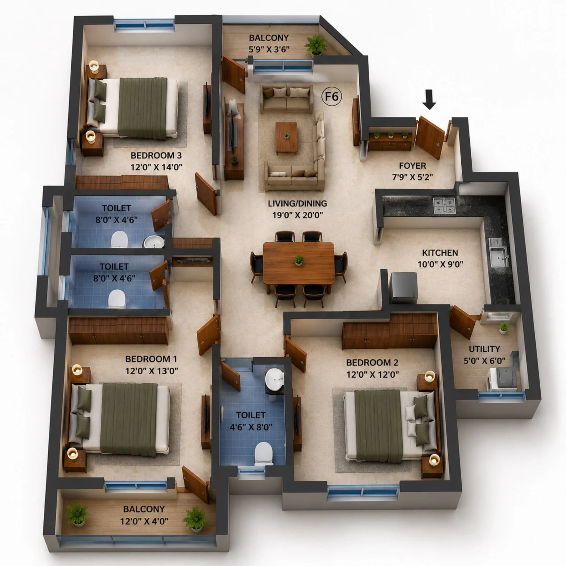 3 BHK Apartment Floor Plan – Navins RP Enclave