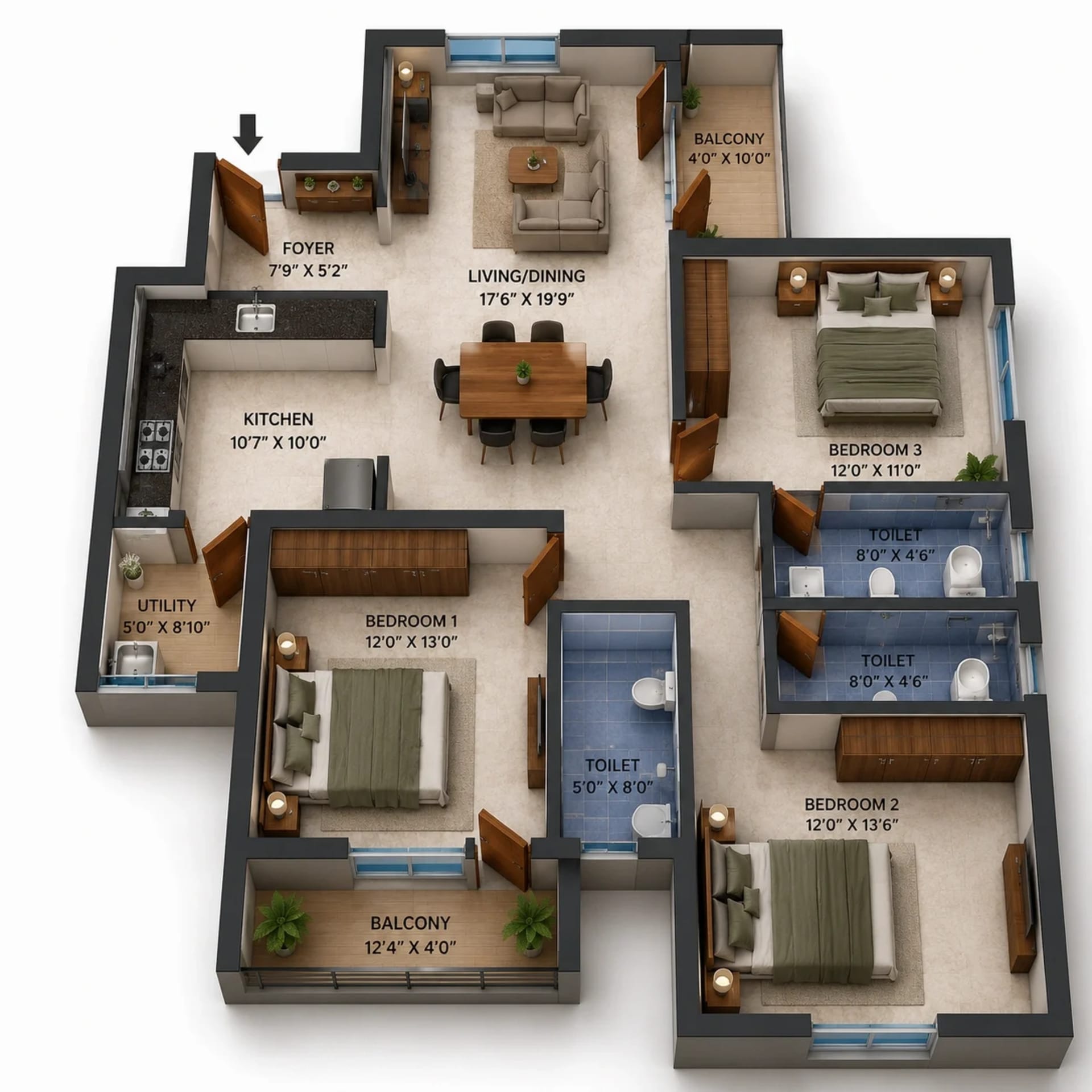 3 BHK Apartment Floor Plan – Navins RP Enclave