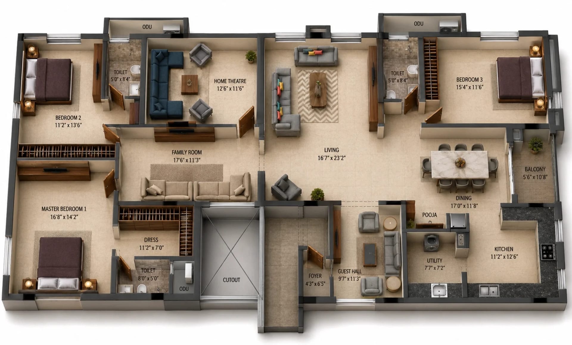3 BHK Apartment Floor Plan – Isha River Front