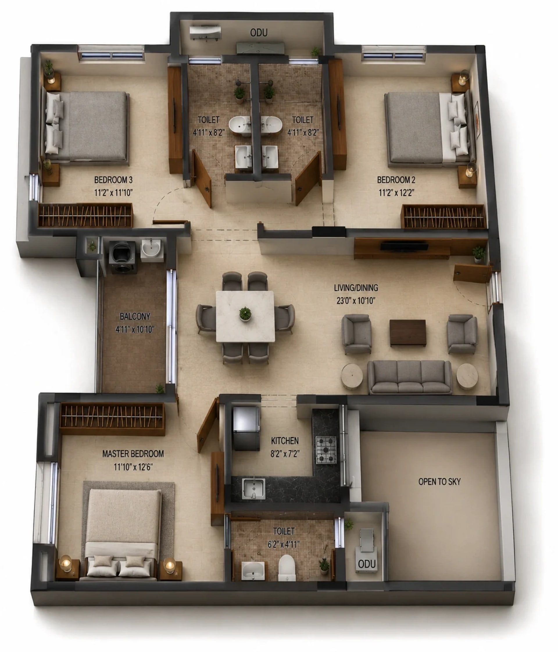 3 BHK Apartment Floor Plan – Isha River Front