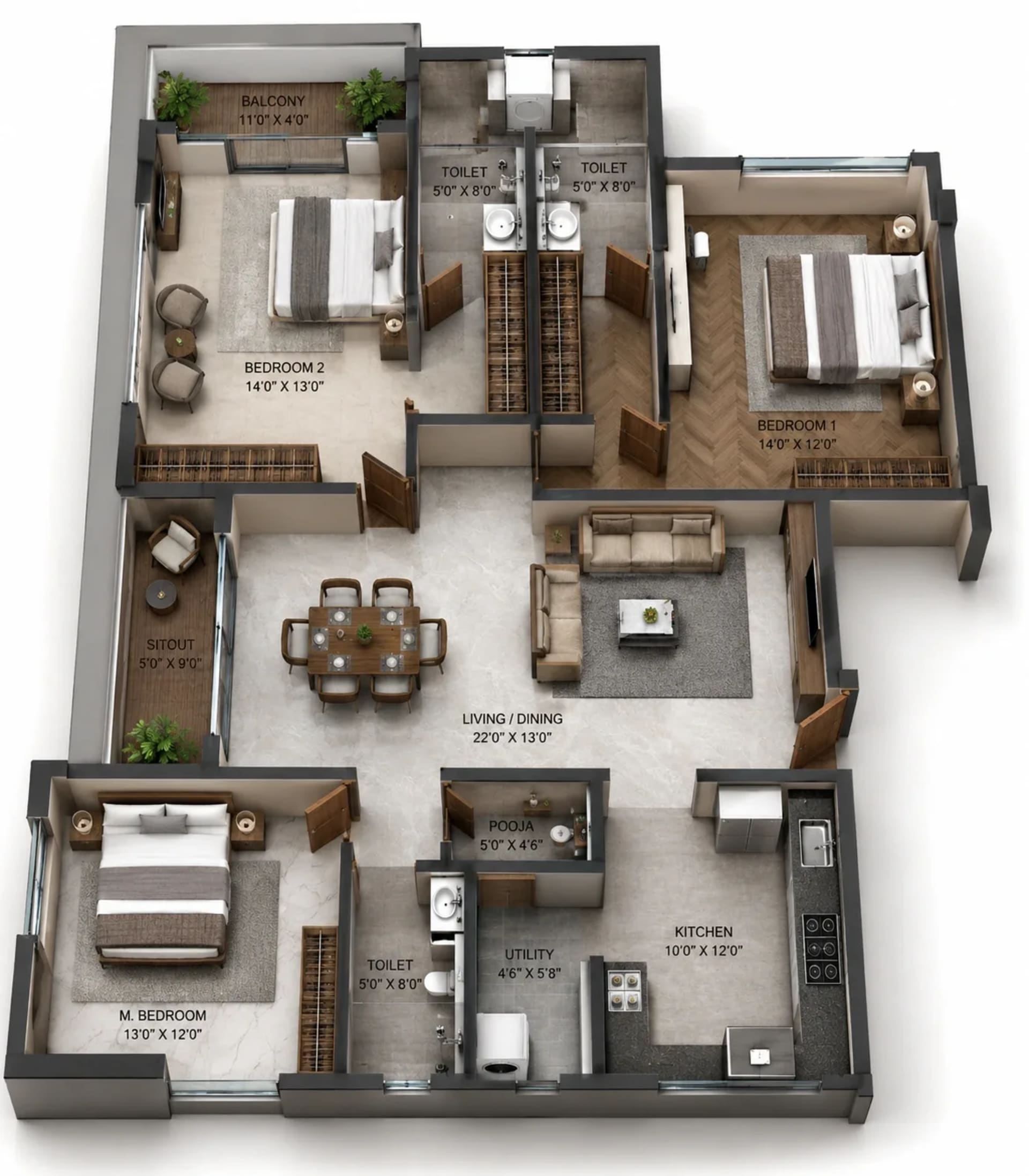 3 BHK Apartment Floor Plan – BBCL Anugraha