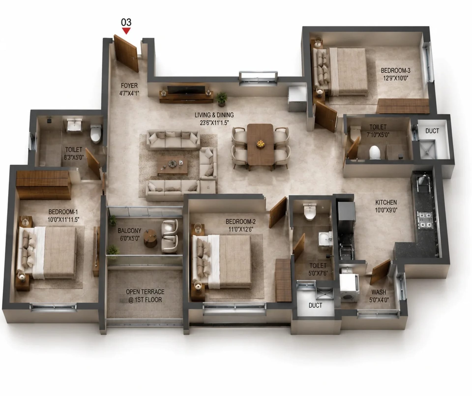 3 BHK Apartment Floor Plan – BBCL Dhriti