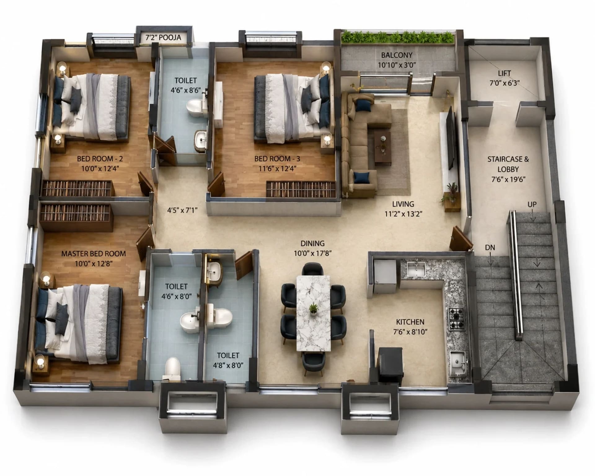 3 BHK Apartment Floor Plan – BBCL Veenus Regus