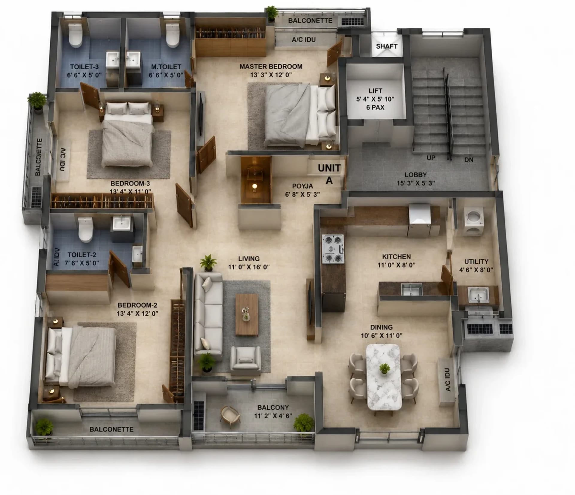 3 BHK Apartment Floor Plan – BBCL T Town