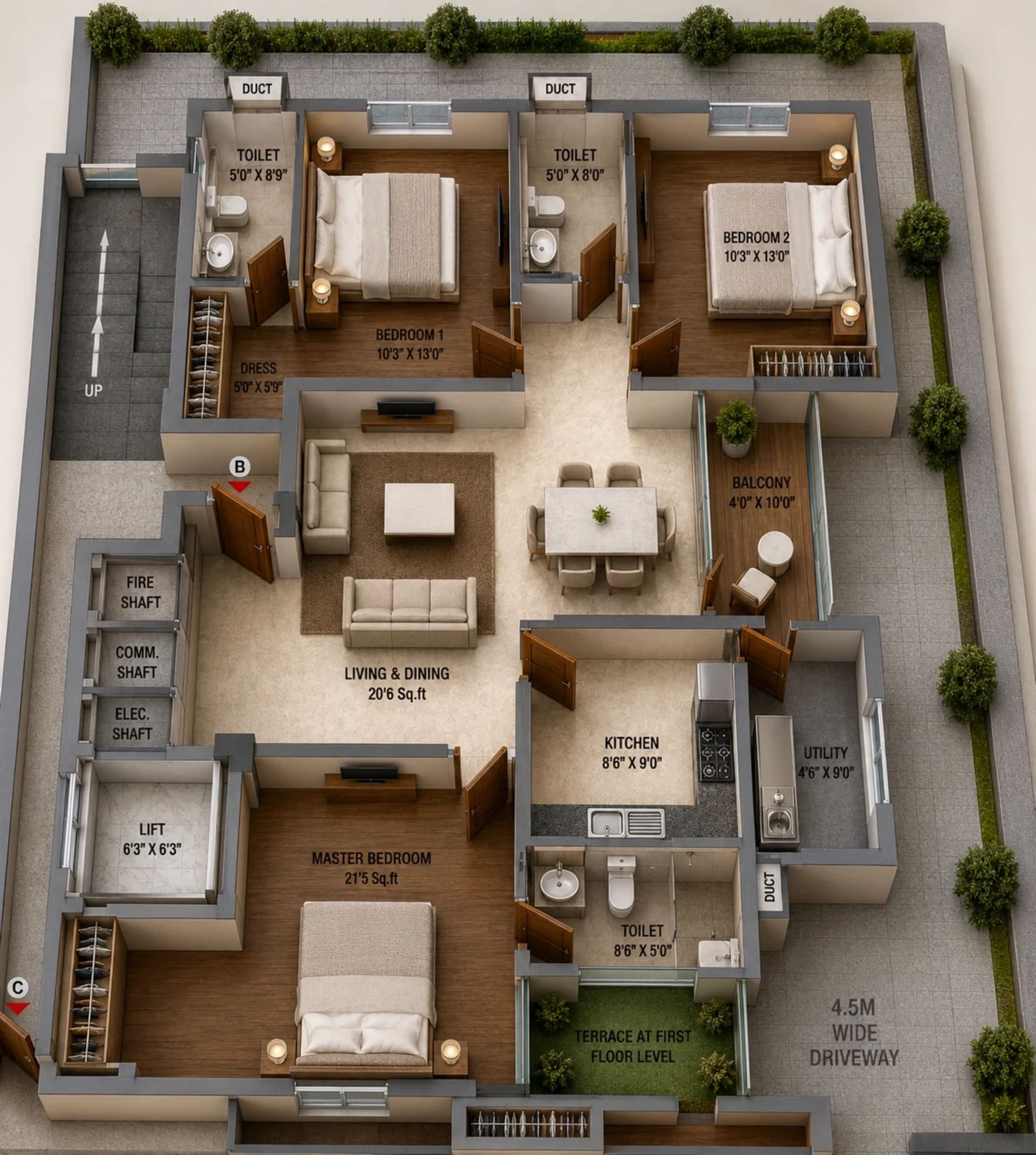 3 BHK Apartment Floor Plan – VGN Seattle