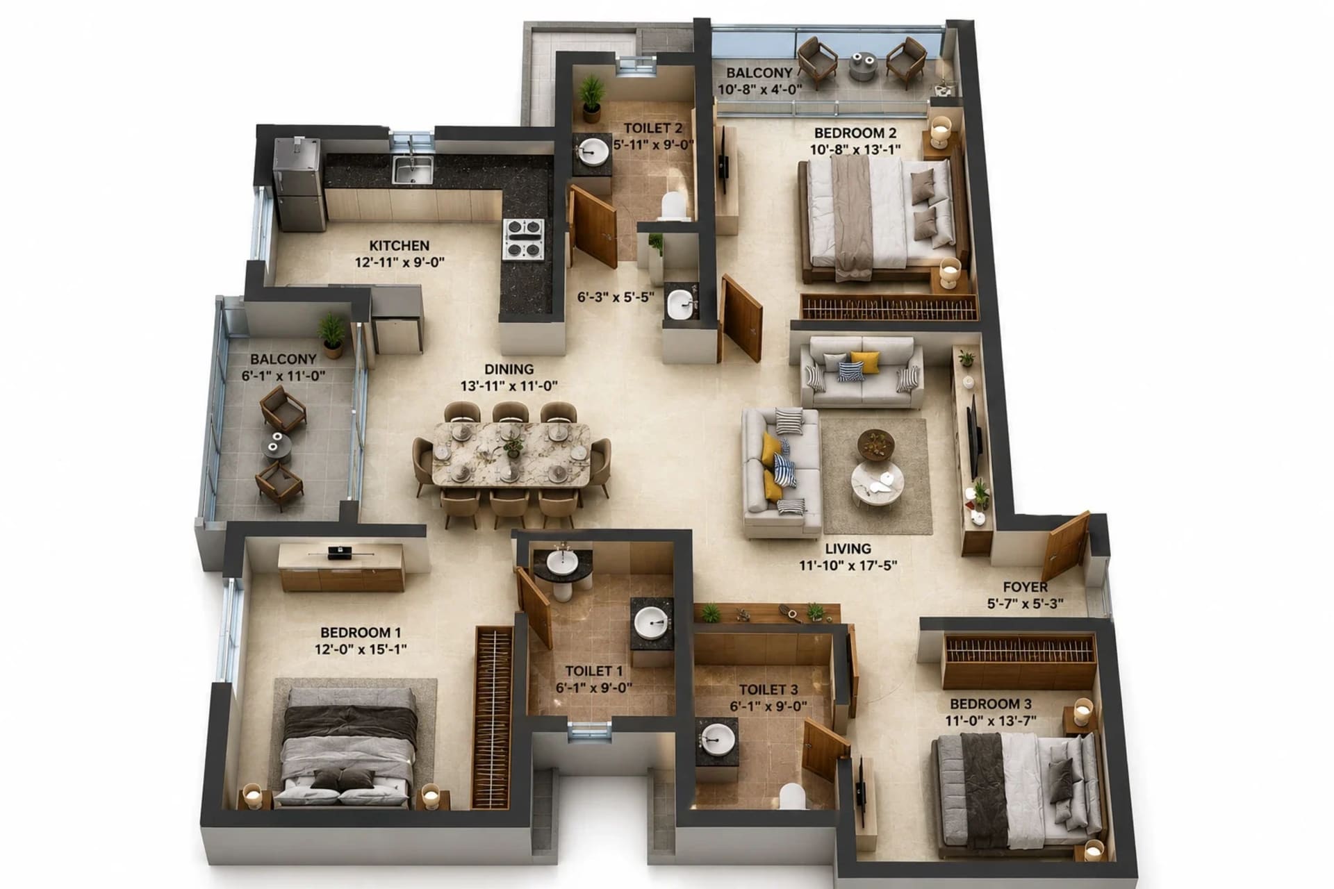 3 BHK Apartment Floor Plan – Radiance Solitaire