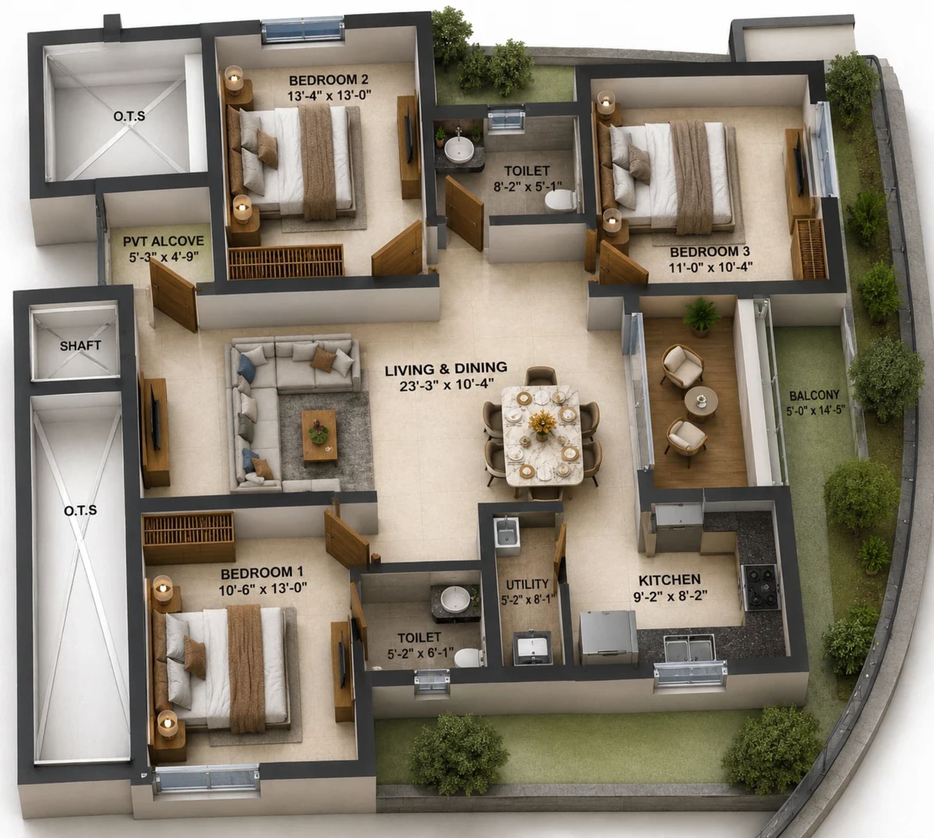 3 BHK Apartment Floor Plan – Radiance Solitaire