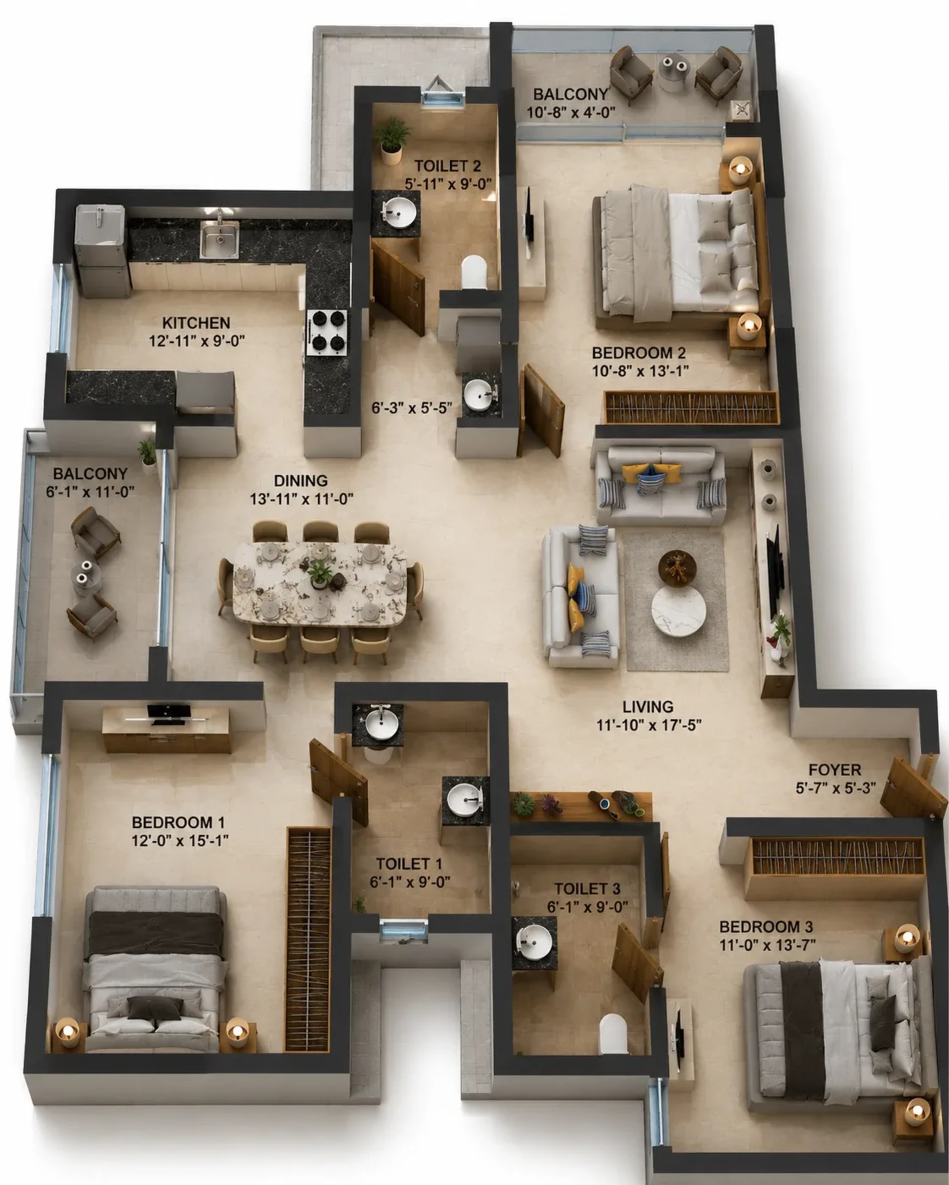 3 BHK Apartment Floor Plan – Radiance Solitaire