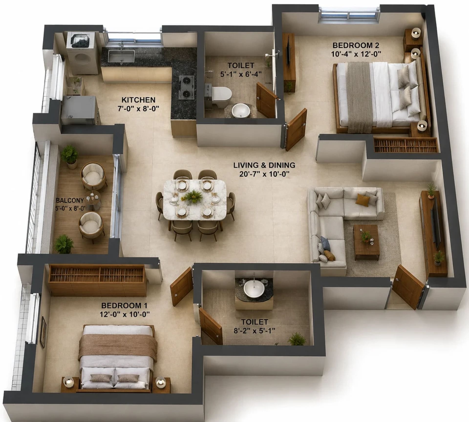 2 BHK Apartment Floor Plan – Radiance Solitaire