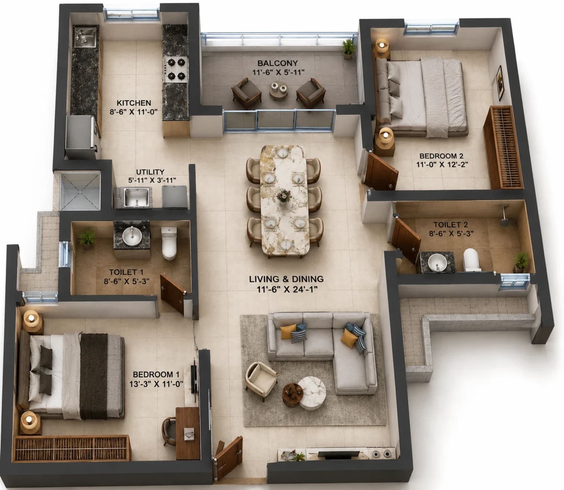 2 BHK Apartment Floor Plan – Radiance Solitaire