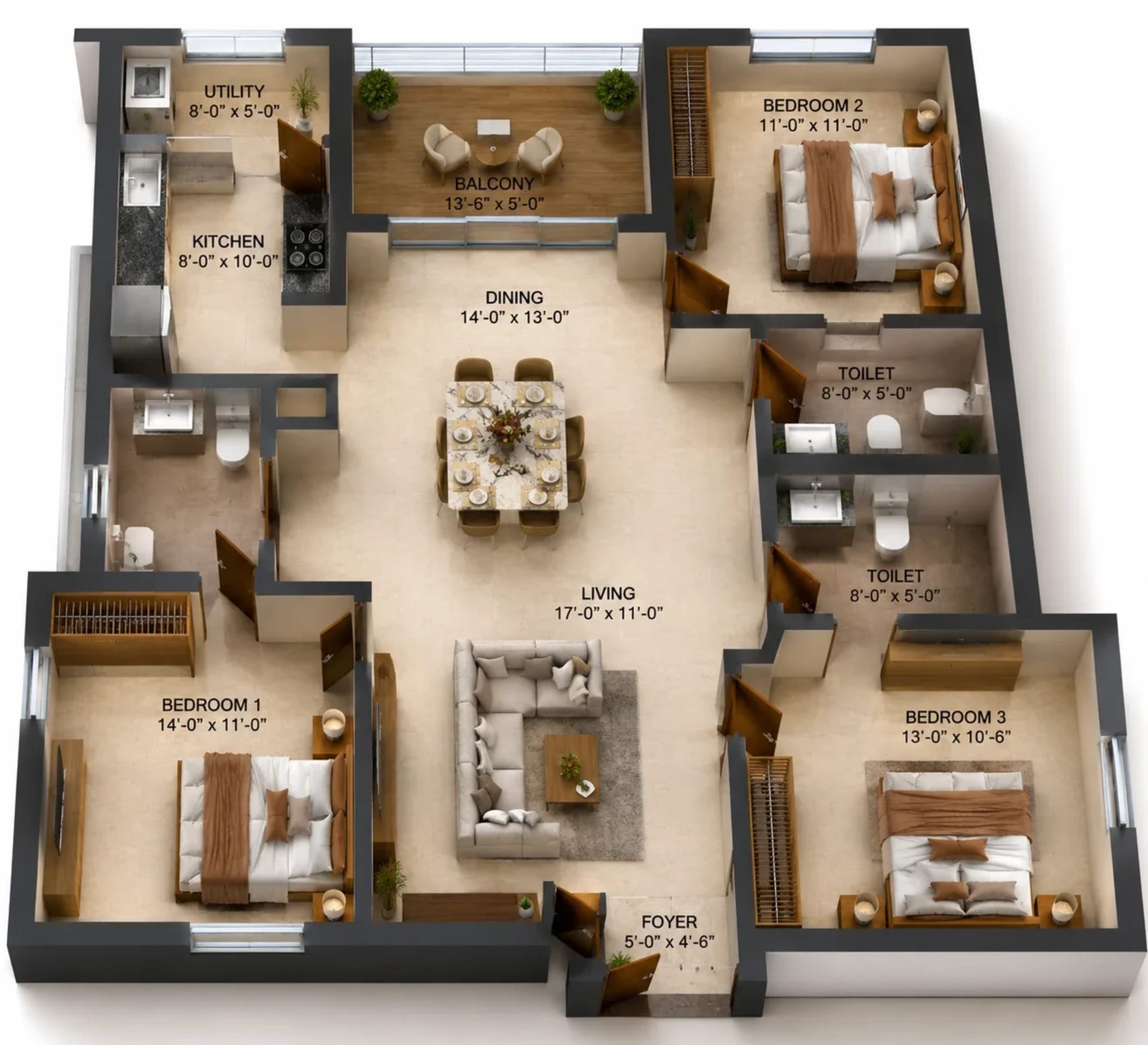3 BHK Apartment Floor Plan – Radiance Solitaire