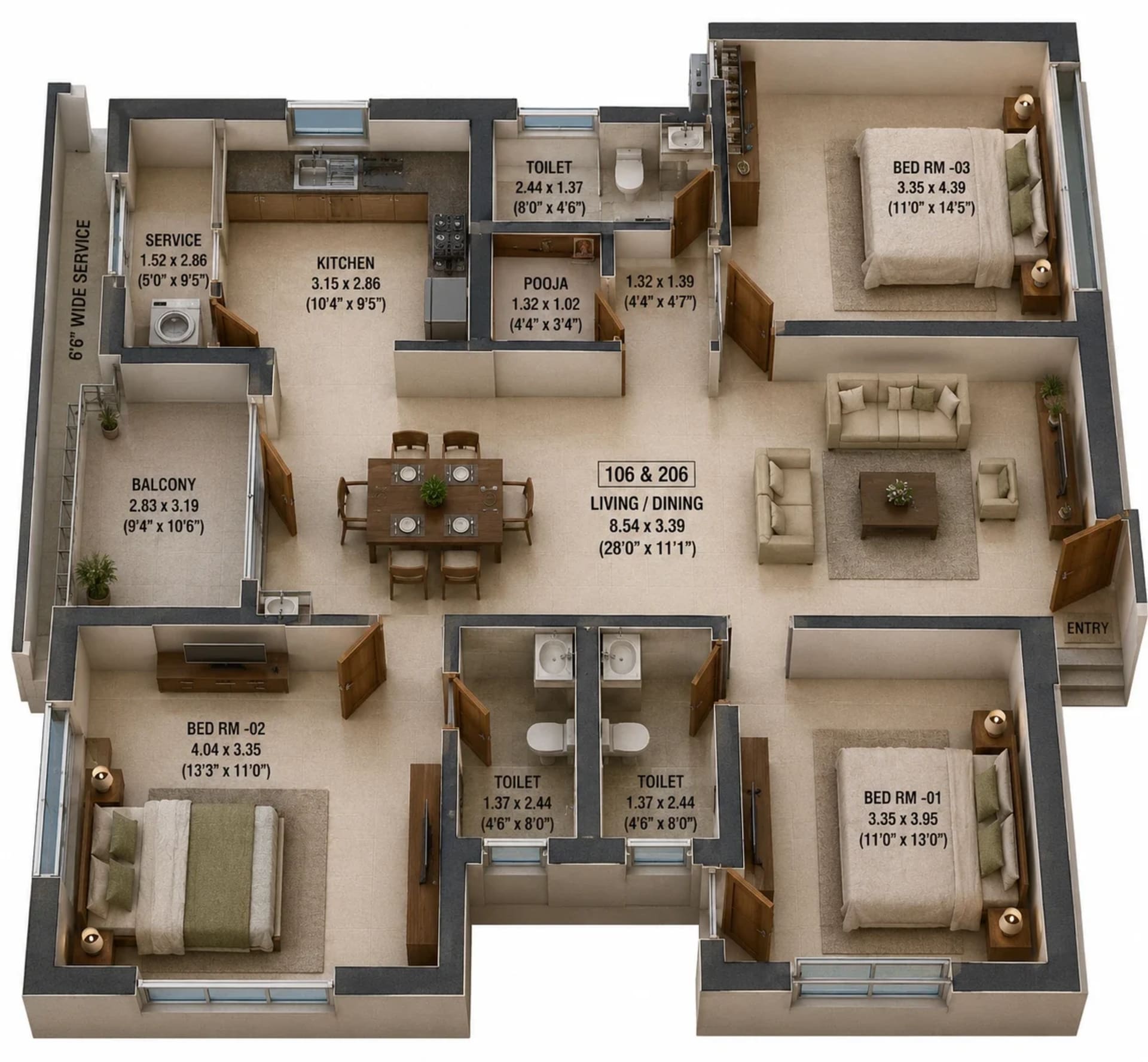 3 BHK Apartment Floor Plan – Urban Tree Excellence