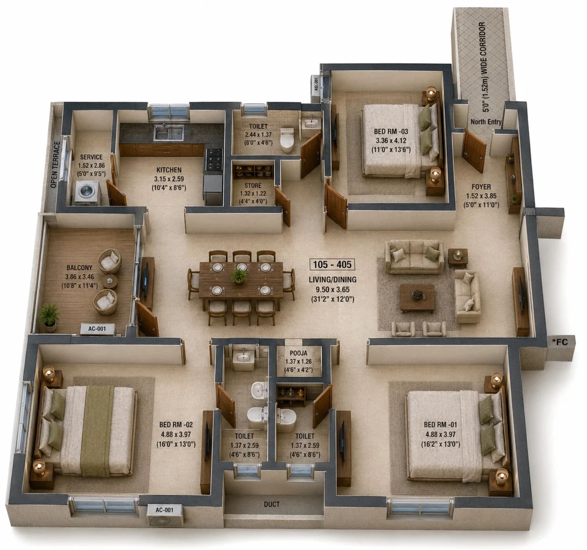 3 BHK Apartment Floor Plan – Urban Tree Excellence