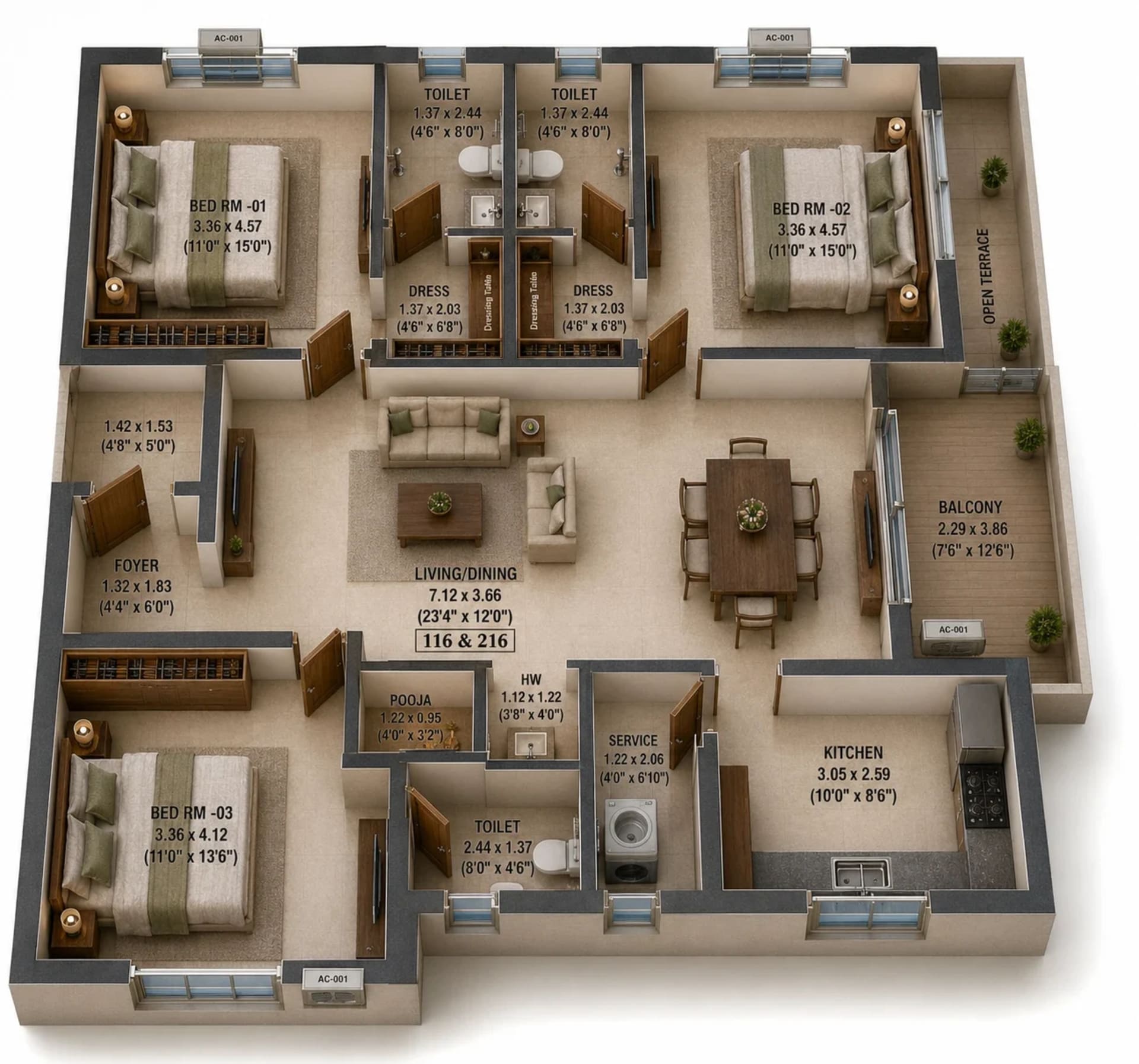 3 BHK Apartment Floor Plan – Urban Tree Excellence
