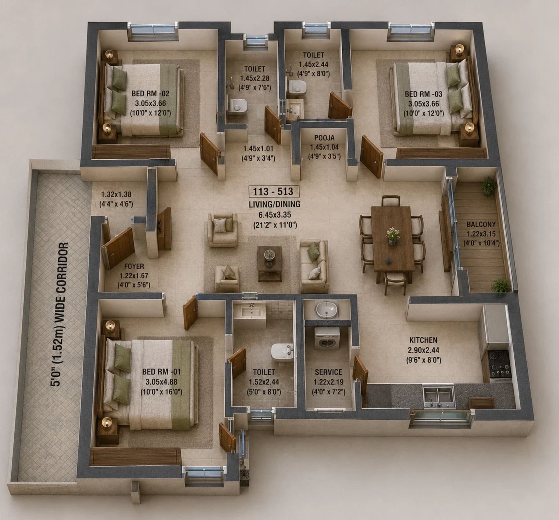 3 BHK Apartment Floor Plan – Urban Tree Excellence
