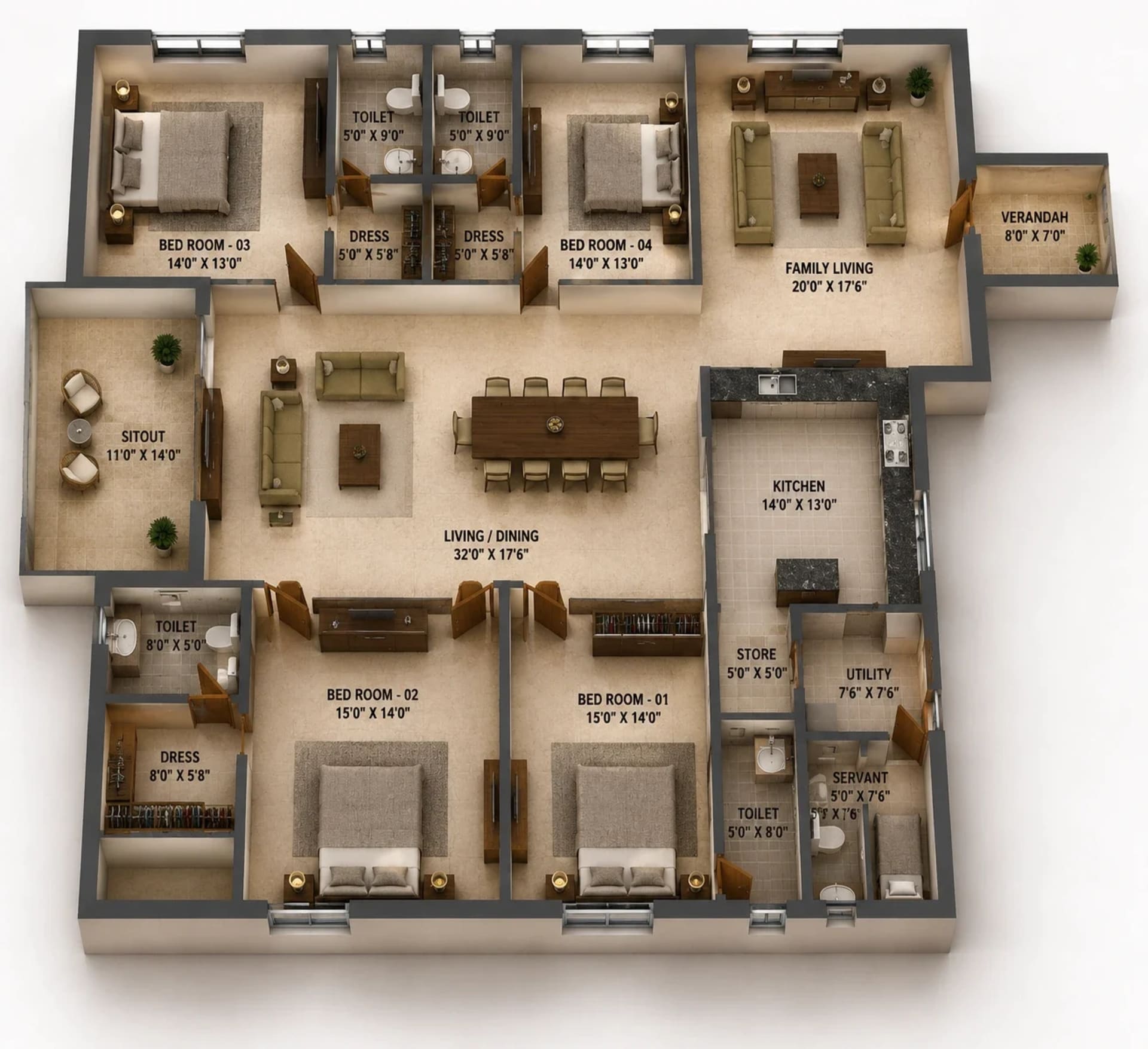 4 BHK Apartment Floor Plan – Urban Tree Marvellous