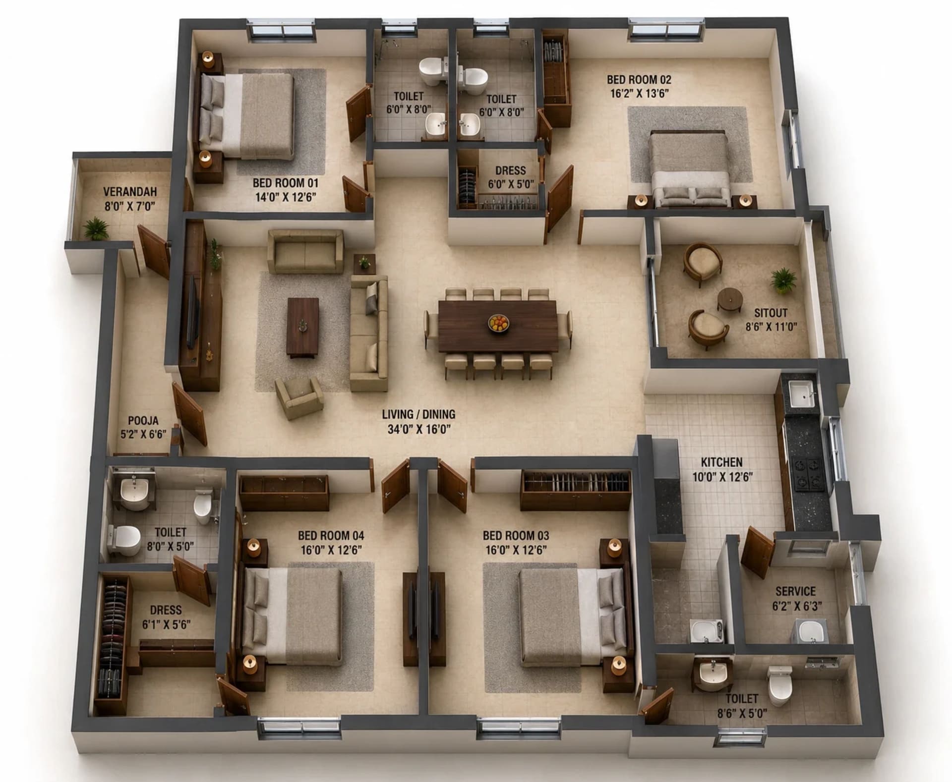 4 BHK Apartment Floor Plan – Urban Tree Marvellous